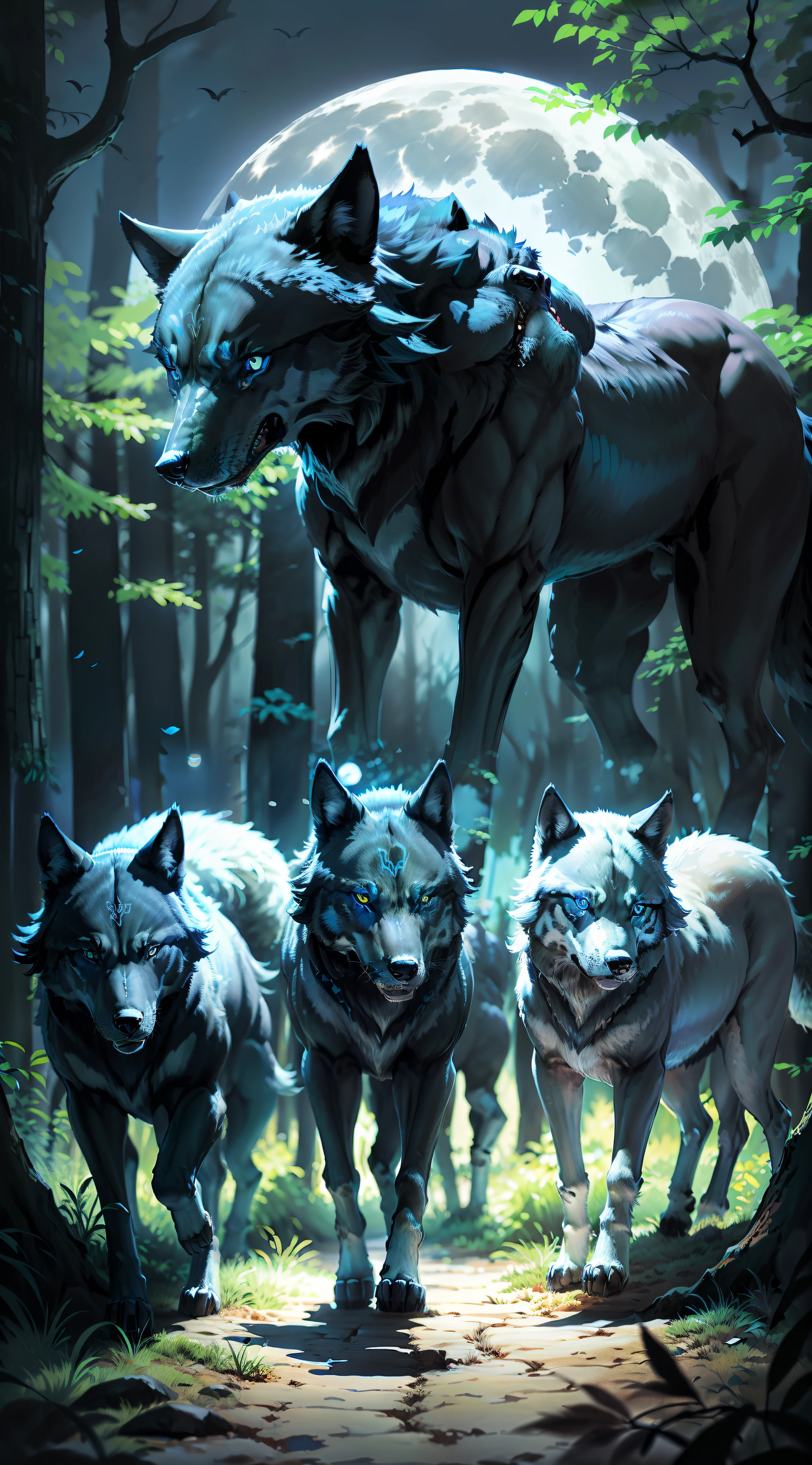 (Photorealistic open image) Super wolf protector of the pack, "black colored wolf bright blue eyes." Canine pack of wolves, (full moon, night forest)