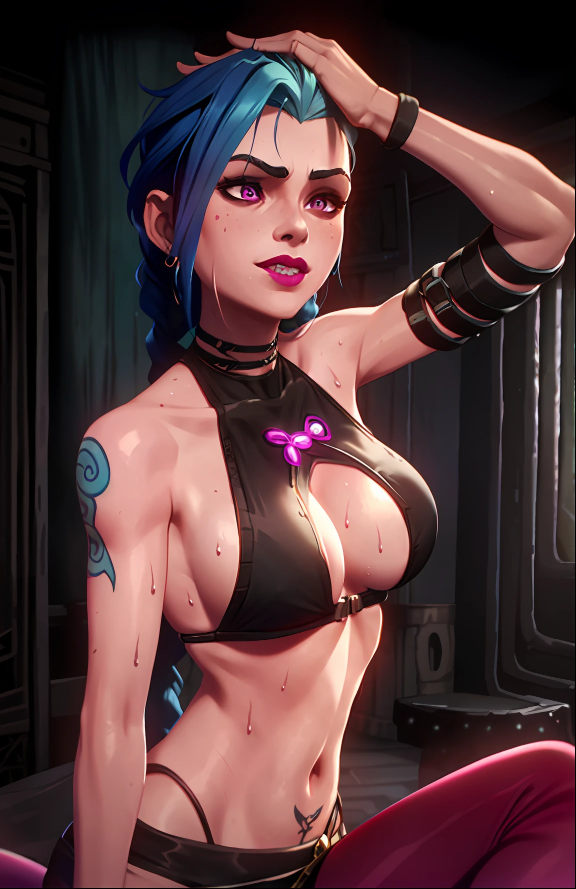 arcane style, 1 girl, tattoo on the arm, asymmetrical bangs, bangs, blue hair, braid, muscular with a deep v, look at the viewer, seductive smile, flirtatious, licking lips, saliva, drops of saliva ,( night, room with a sexual moment)) ,green hair, long hair, stomach, ((long tits)), semi-naked, wet, sweaty, sweat drops, erect zenos, pink eyes, red lips, Super Fine Trikini, Almost Naked, Super Detail, Solo, Sexy Pose, Tattoo, Twin Braids, Upper Body, Arcane Curse, Curse (League of Legends\)