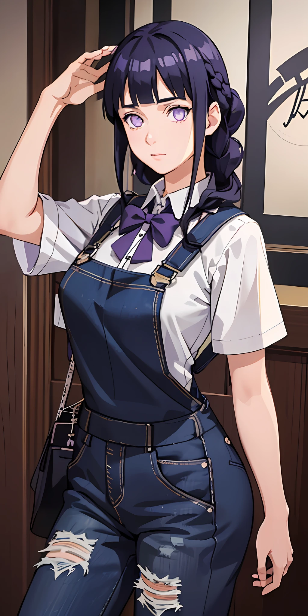 masterpiece, best quality, ultra-detailed, illustration,1girl,
long hair, dark blue hair, french braid, purple eyes, blunt bangs, 
shirt, (denim overalls:1.1),
medium breast,  
looking at viewer, hinata\(shippuden\)