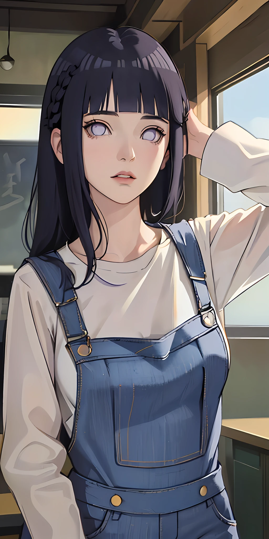 masterpiece, best quality, ultra-detailed, illustration,1girl,
long hair, dark blue hair, french braid, purple eyes, blunt bangs,
shirt, (denim overalls:1.1),
medium breast,
looking at viewer, hinata/(boruto/), detailed lips