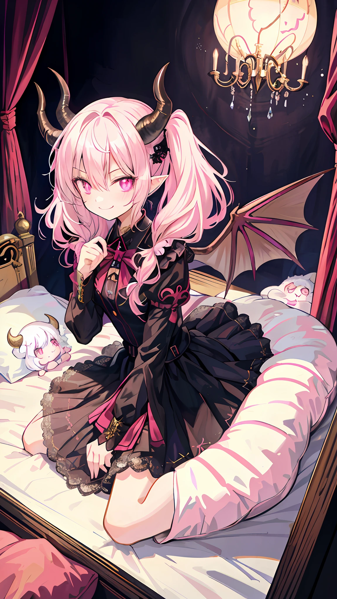 beautiful illustration, best quality, demon girl, curled horn, cute girl, bedroom, pastel color, black hair,twintails, bright lighting, light pink eyes, tatoo, scar, evil smile,lyrical