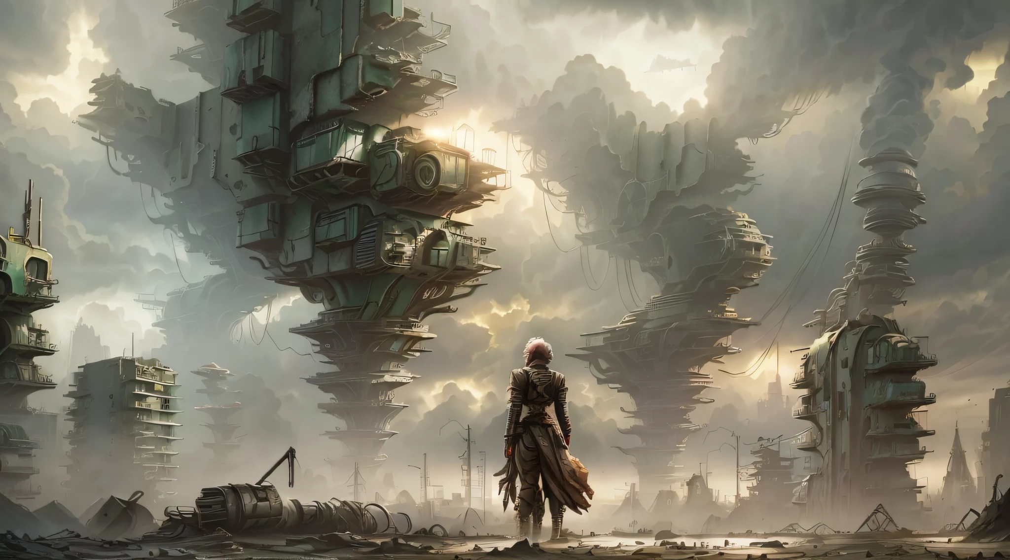 {Wasteland Punk}, Highest Quality, Epic Composition, High Definition, Best Production, Cyberpunk, Lost, Decadence, Despair, Cloudy Atmosphere, Wind Effect, Dilapidated Architectural Ensemble Scene, Standing in the Distance, Female Figures, Background, {Grand Vision}, Film Perspective