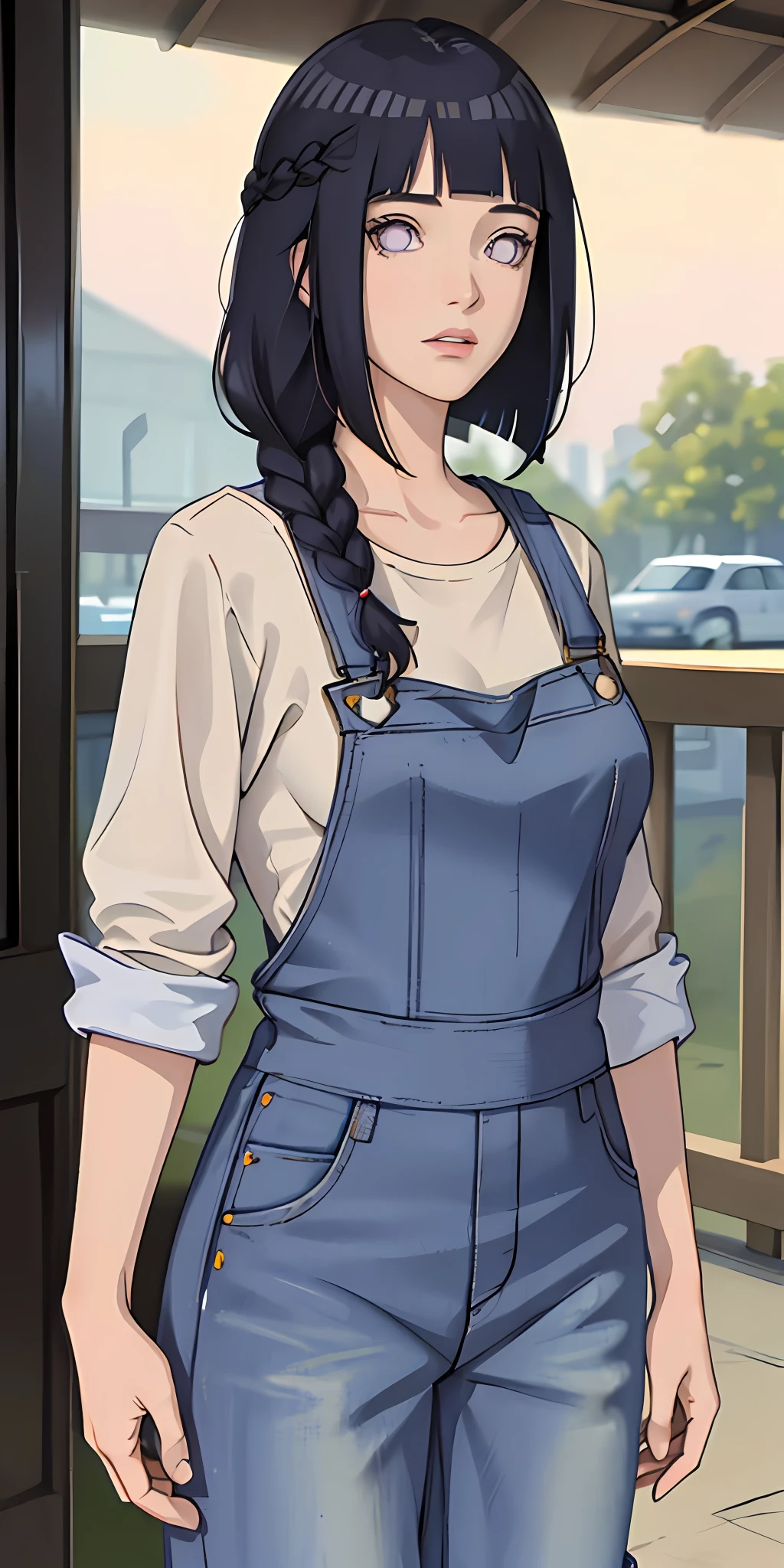 masterpiece, best quality, ultra-detailed, illustration,1girl,
long hair, dark blue hair, french braid, purple eyes, blunt bangs, 
shirt, (denim overalls:1.1),
medium breast,  
looking at viewer, hinata/(boruto/), detailed lips