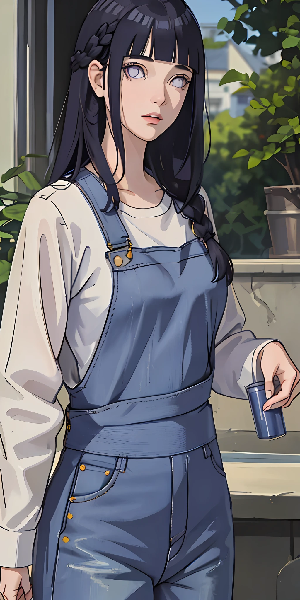 masterpiece, best quality, ultra-detailed, illustration,1girl,
long hair, dark blue hair, french braid, purple eyes, blunt bangs,
shirt, (denim overalls:1.1),
medium breast,
looking at viewer, hinata/(boruto/), detailed lips