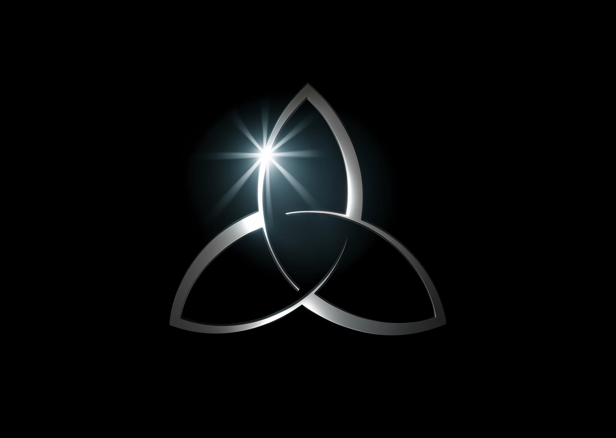 Create silver triquetra logo by dropping lights, with dark background, 8k quality, better quality.