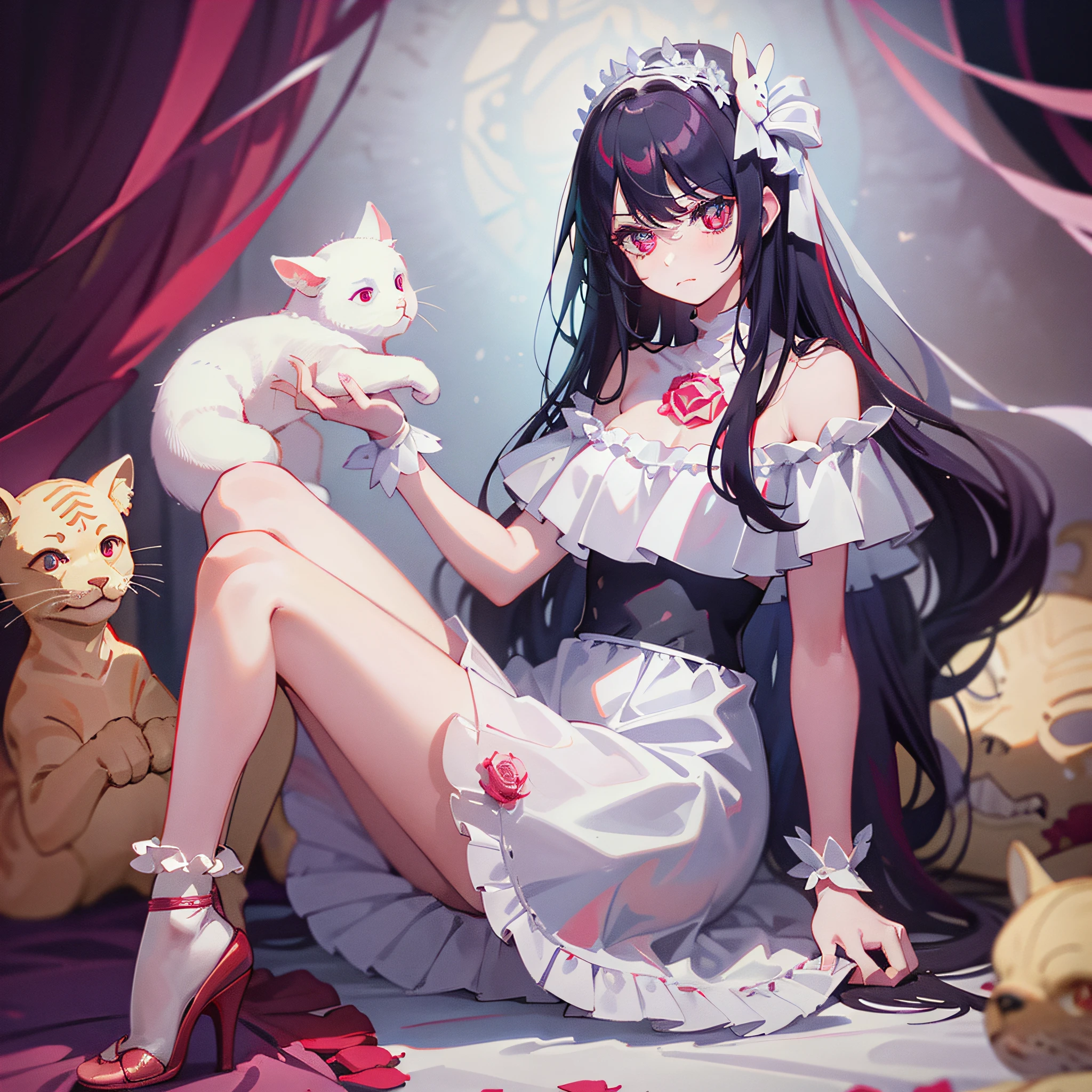 Wearing a white taffeta off-the-shoulder skirt, and high-heeled Roman shoes, with a white headband to tie up long hair, soft and smooth red hair, rounded forehead, long eyelashes, rare deep rose-red eyes, swan-like neck, clear butterfly bone, delicate and soft skin, exquisite calves, slender ankles, slender body, even flesh and bones, can be called perfect, the deficiency is the lack of agility between the eyebrows. Natural, simple, ignorant of the world so that defenseless against men, much younger in mental age than appearance, cat-like well-behaved girl.