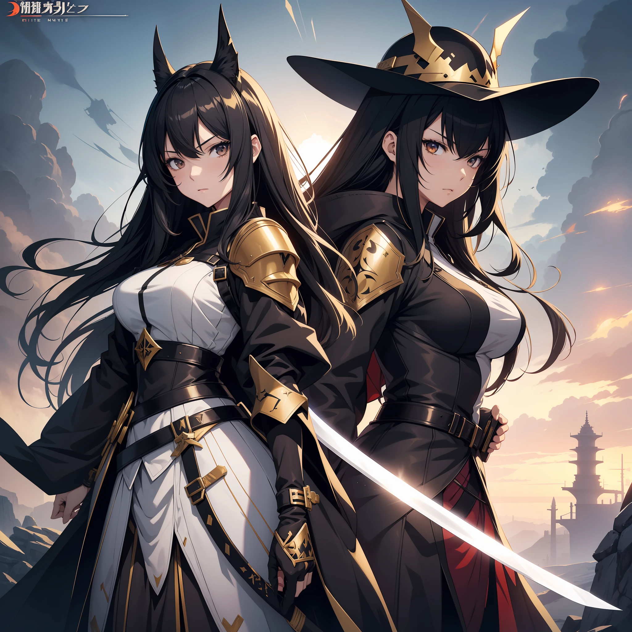 1 girl, anime, full flat conical hat, highly detailed official art arknights, black hair, detailed anime key art, official character art, overly detailed art, full art, large katana, anime fantasy illustration, female knight, black oriental combat costume with gold details, black cape, serious face, adult woman