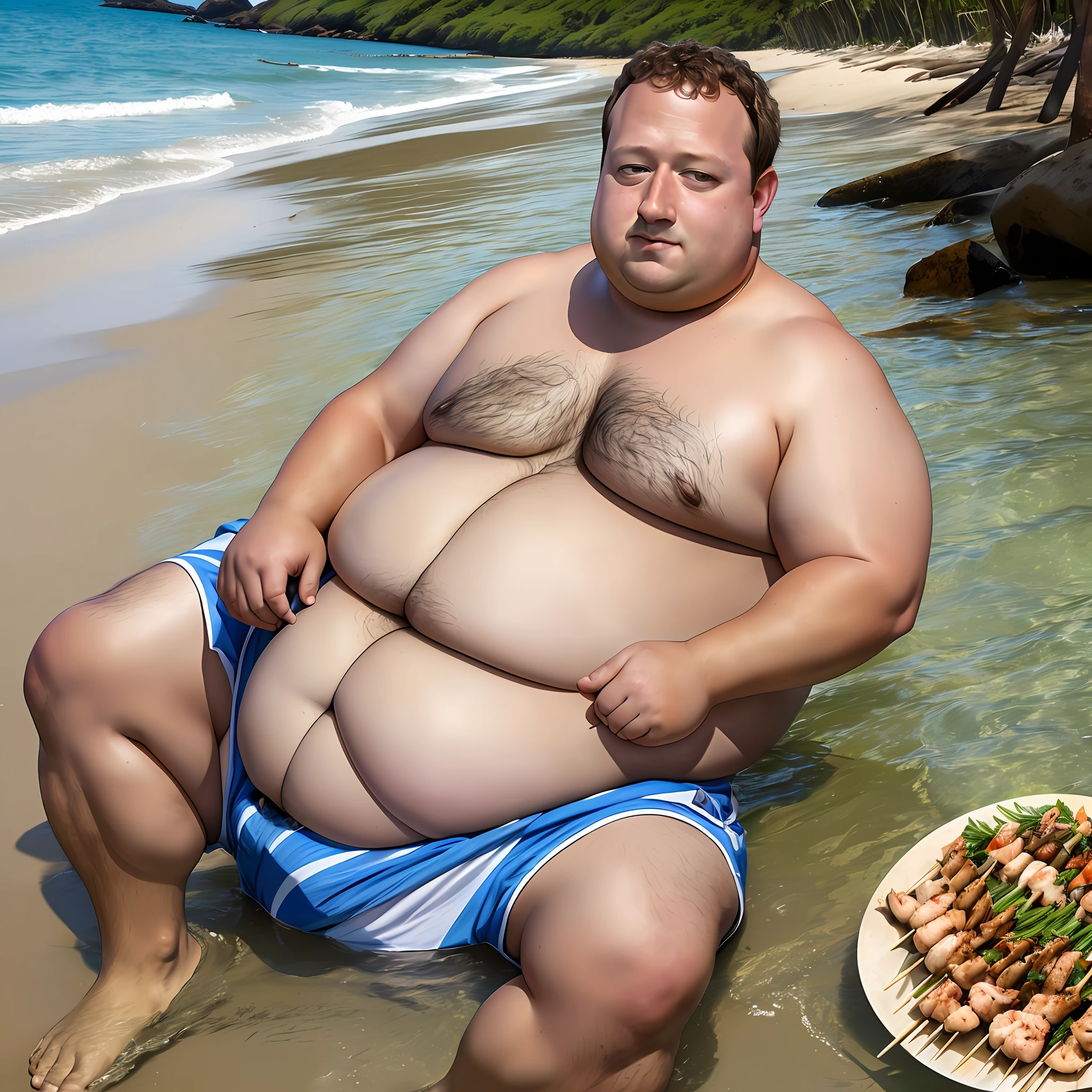 Create an image of a significantly obese Mark Zuckerberg, with a swollen belly, enjoying seafood skewers at the beach while wearing nothing but shorts