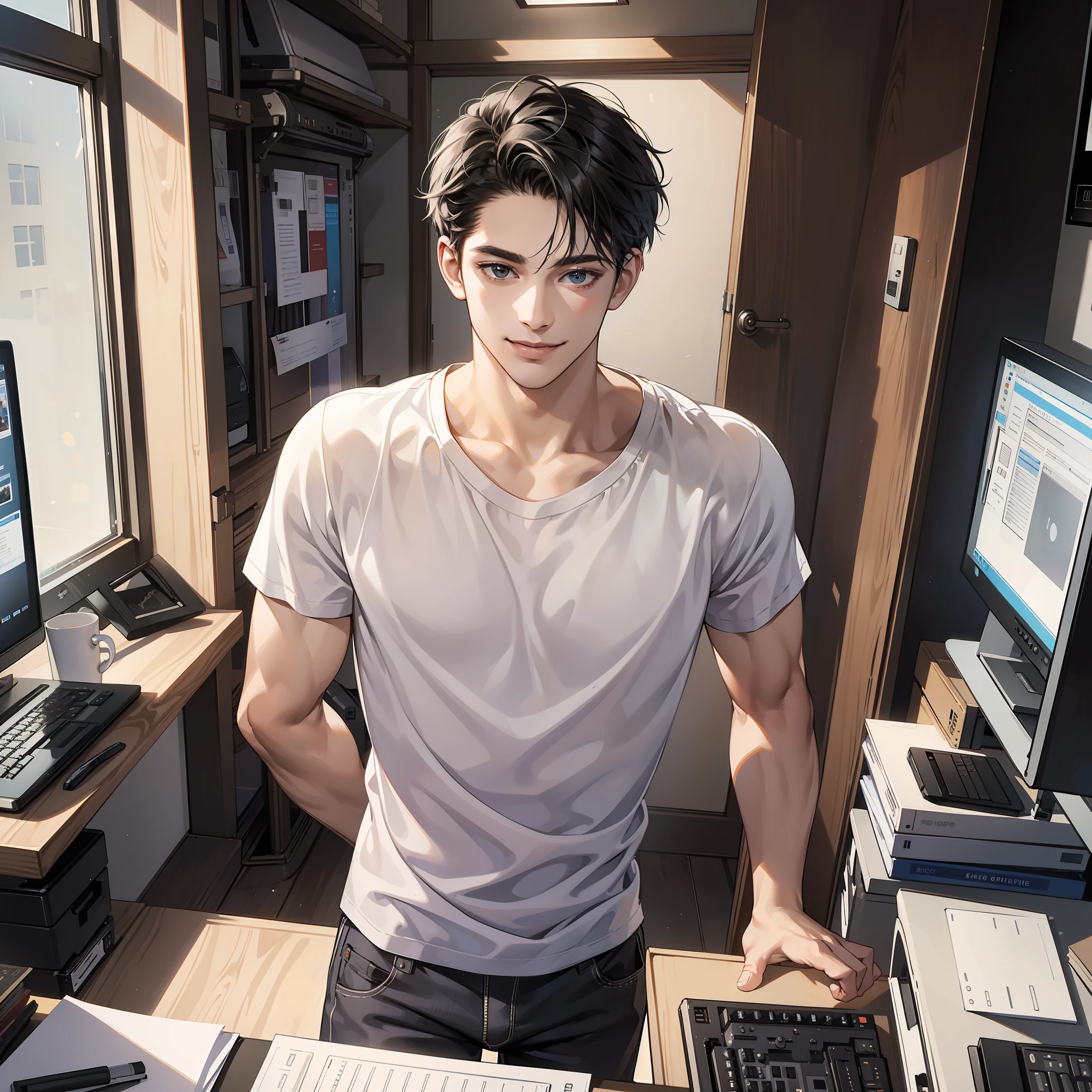 Masterpiece, high quality, best quality, HD, realistic, perfect lighting, detailed body, 1 man, short black hair, white t-shirt, smiling expression, standing, facing the computer monitor, in the room