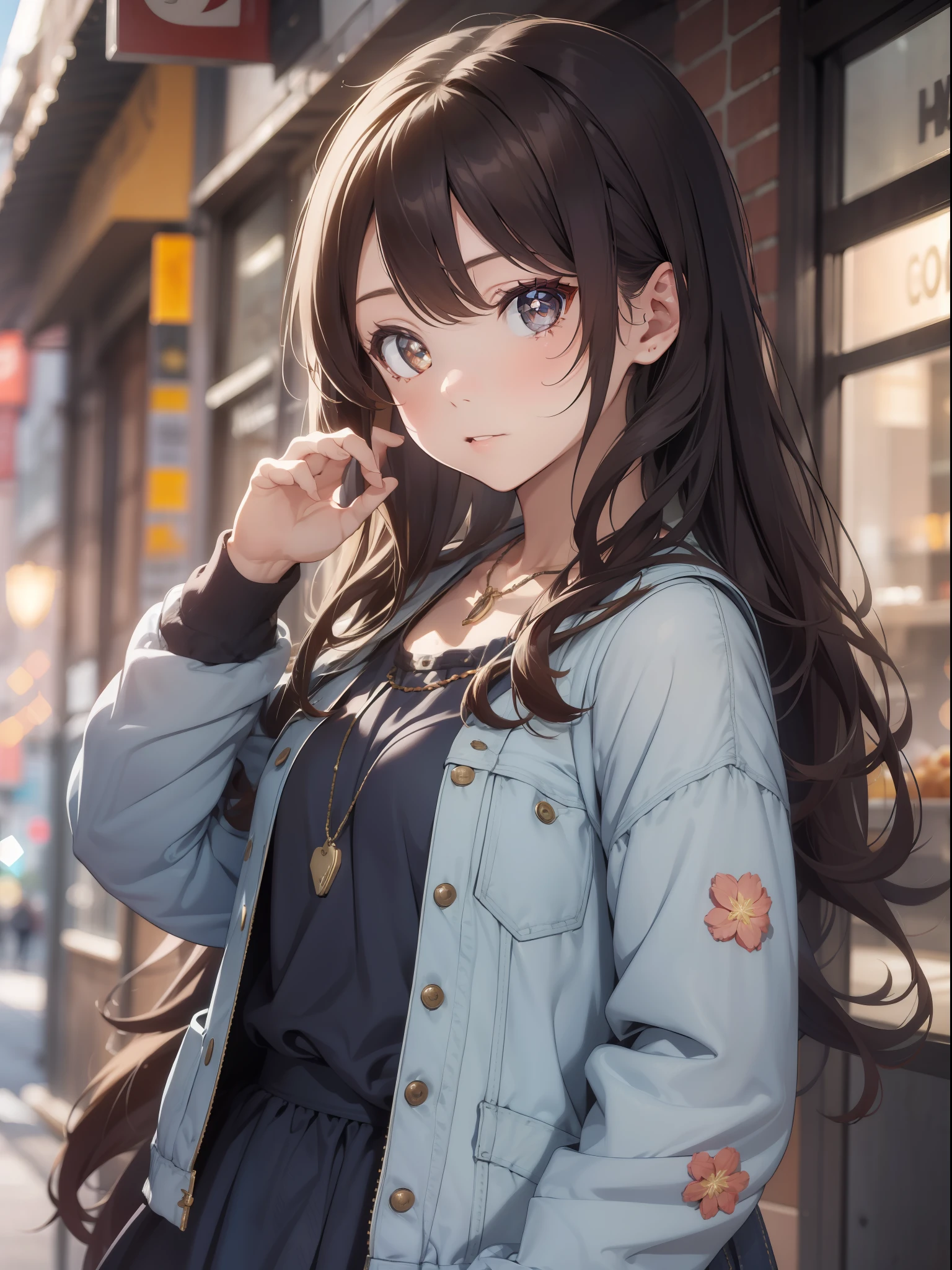 1girl, (solo:1.2), ((masterpiece)), [slim], (small breasts), pale skin, ((detailed eyes)), (bokeh effect), (dynamic angle), dynamic pose, cozy cafe, starry brown eyes, brunette with wavy hair, (denim jacket over a floral dress), necklace, backpack