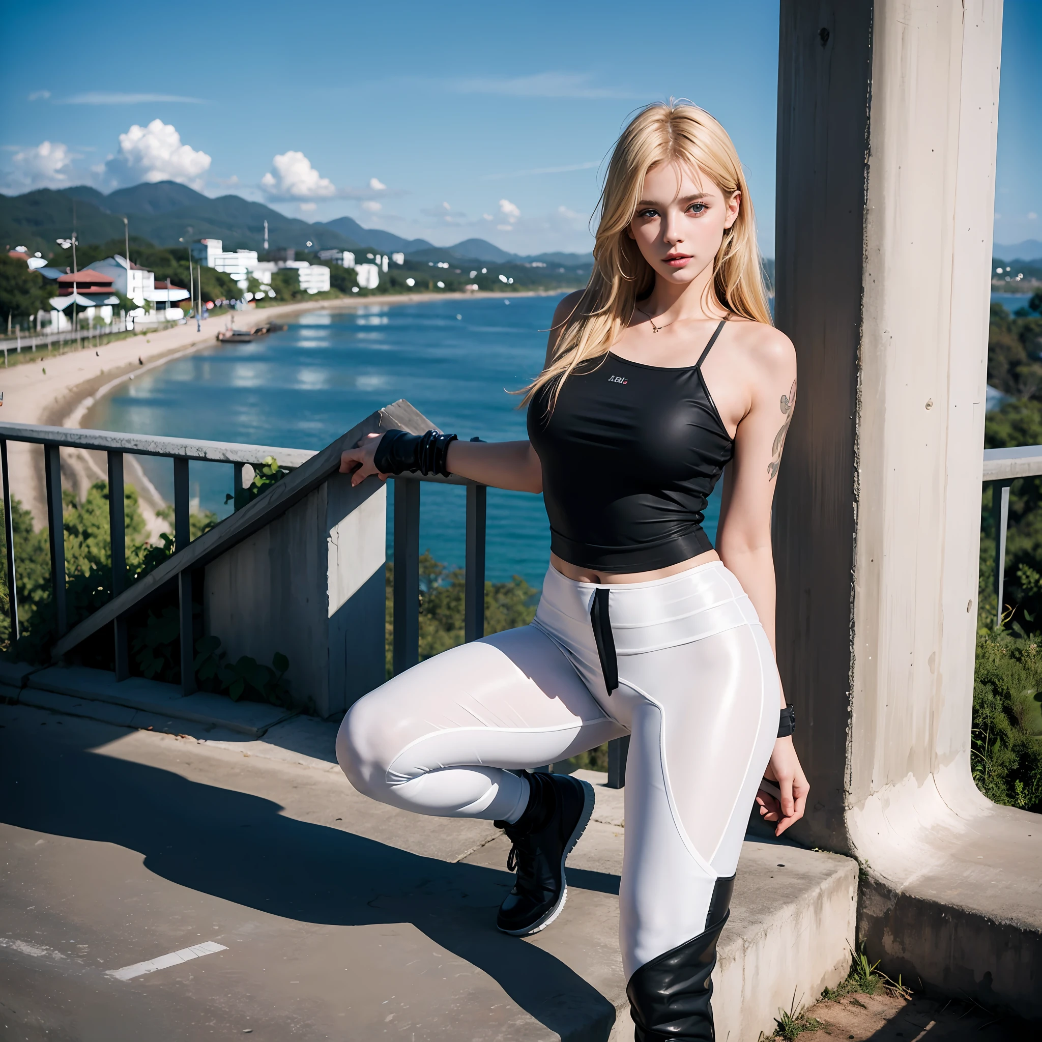 beautiful German girl of 20 years, blonde, blue eyes, white, in black leggings, black top, full body((spotted, average height)),photorealistic, photo, in the background the city of ipatinga in Minas Gerais , realistic, realism, photorealism, high contrast, photorealistic digital art trend in Artstation 8k HD high definition detailed realistic , detailed, skin texture, hyper detailed, Realistic skin texture, best quality, ultra high resolution, (photorealistic: 1.4), high resolution, detailed, raw photo, sharp re, 100 megapixel camera