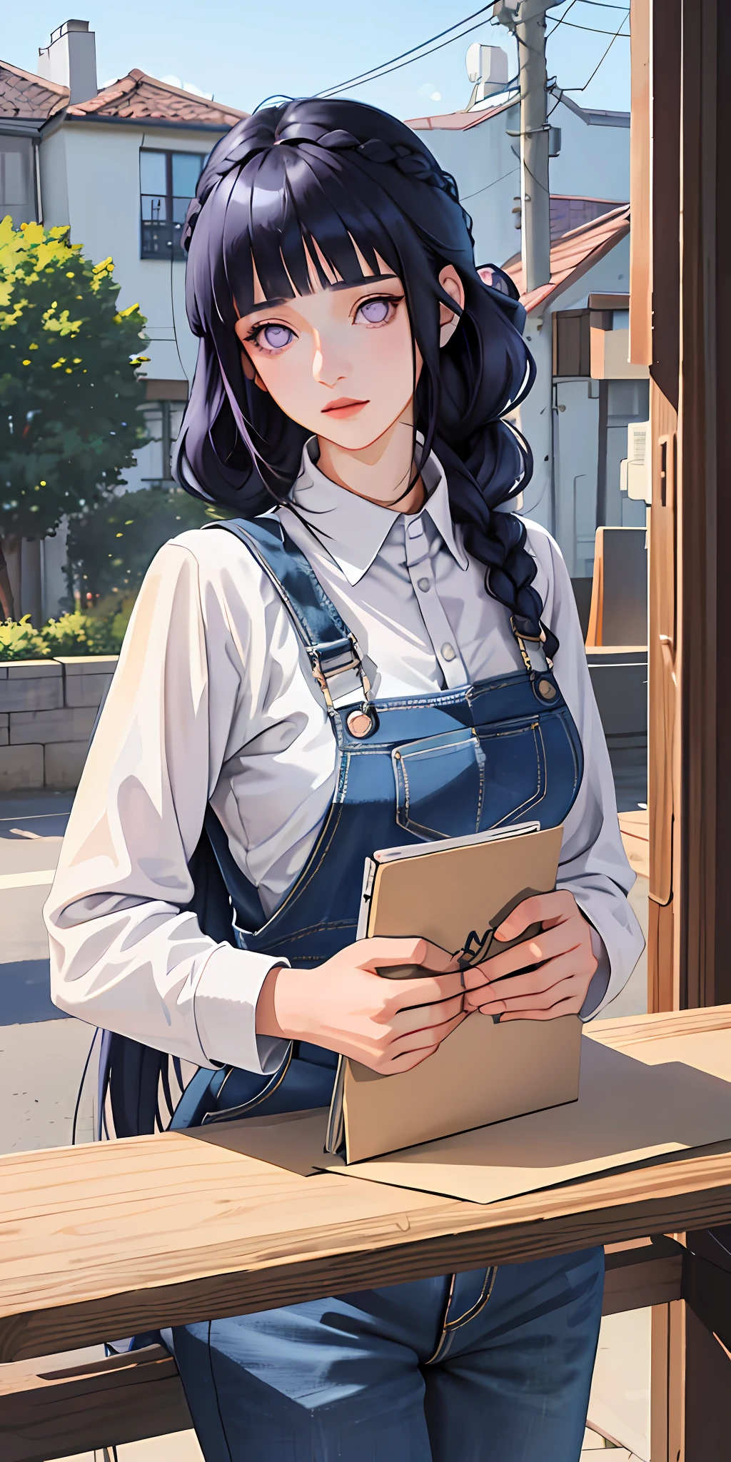 masterpiece, best quality, ultra-detailed, illustration,1girl,
long hair, dark blue hair, french braid, purple eyes, blunt bangs,
shirt, (denim overalls:1.1),
medium breast,
looking at viewer, hinata\(shippuden\)