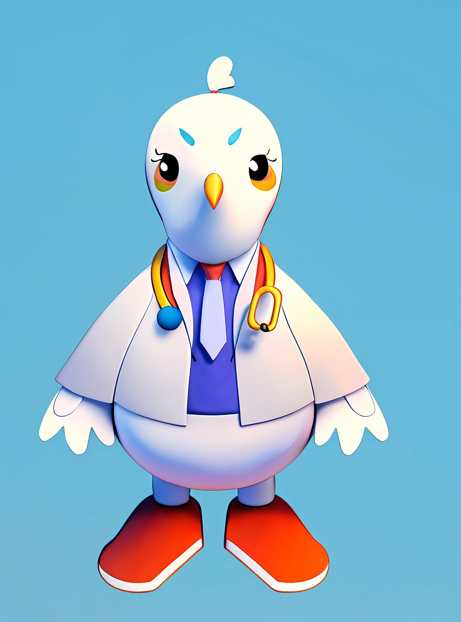 (Digital Painting) (Best Quality) C4D, 3d rendering, a cartoon bird wearing a tie and white jacket, a bird wearing a bow tie, a stethoscope hanging from the neck of the bird, the scientist is a bird, anthropomorphic bird, (doctor)