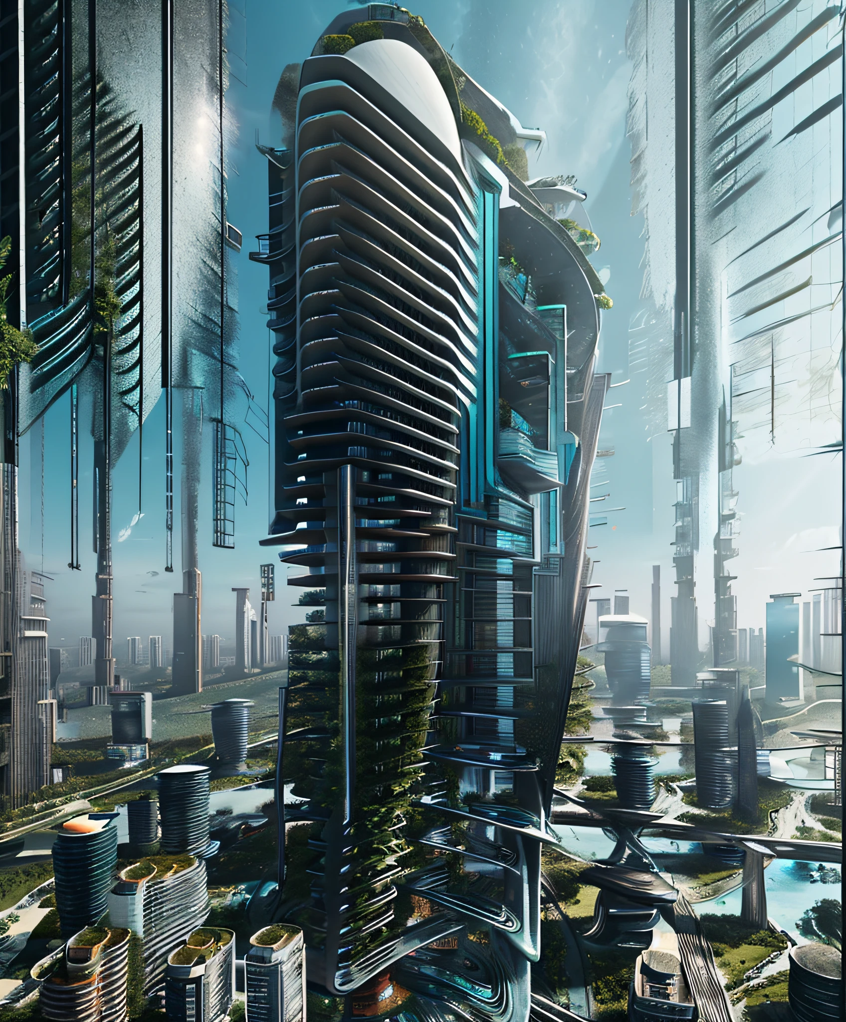 PANORAMIC scenery, drone view, ELITE PROFESSIONAL ARCHITECTURAL RENDERING, PROJECT PRESENTATION, TRENDY CYBER HIGH-RISE BUILDING, SLIM-SHAPE BUILDING, 120-STOREY SUPER-STRUCTURE, CYBER DESIGN, ZAHA HADID SYTLE , LOCATE AT CENTER OF FUTURE TOKYO, GREEN CITY, MANY GREEN ZONE AROUND, well WEATHER, (SUNNY DAY):1.2, sky, clouds