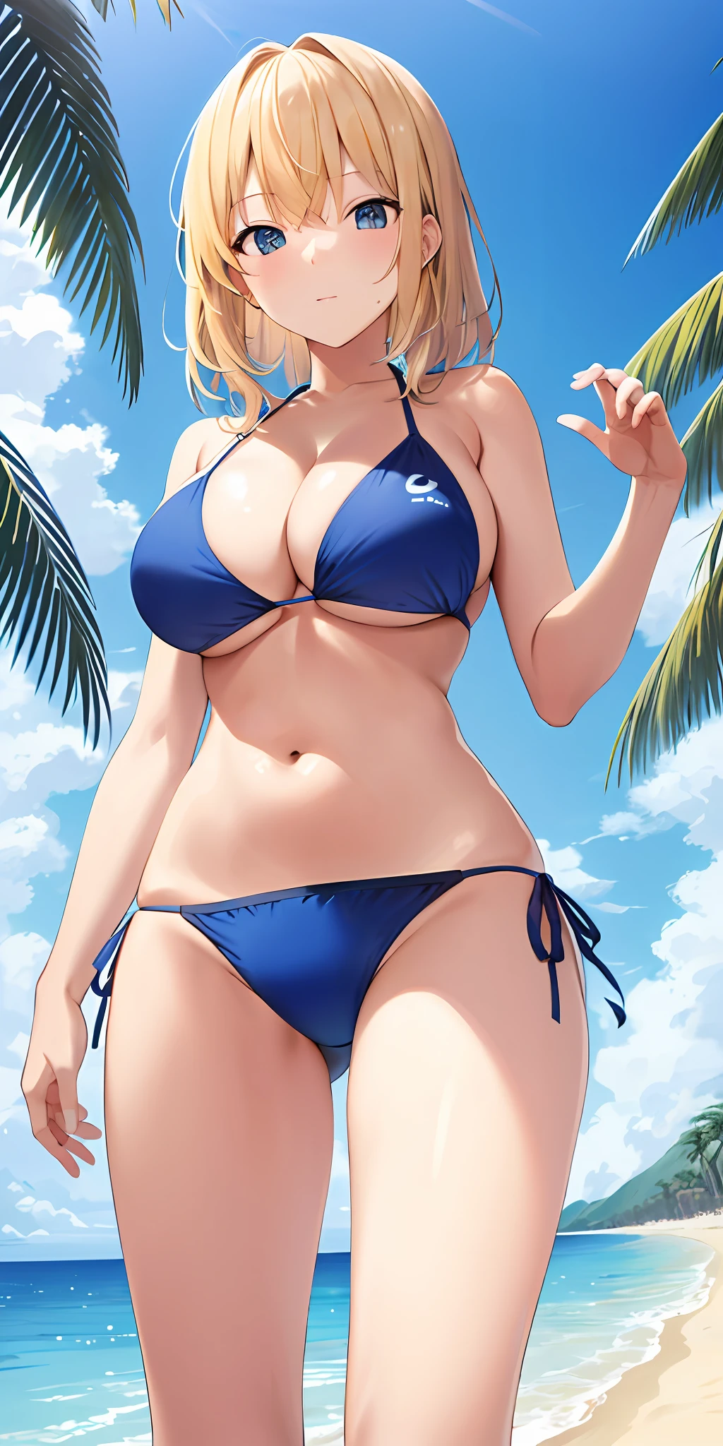 Blonde hair, blue bikini, large breasts, thighs, (from below view), beach background