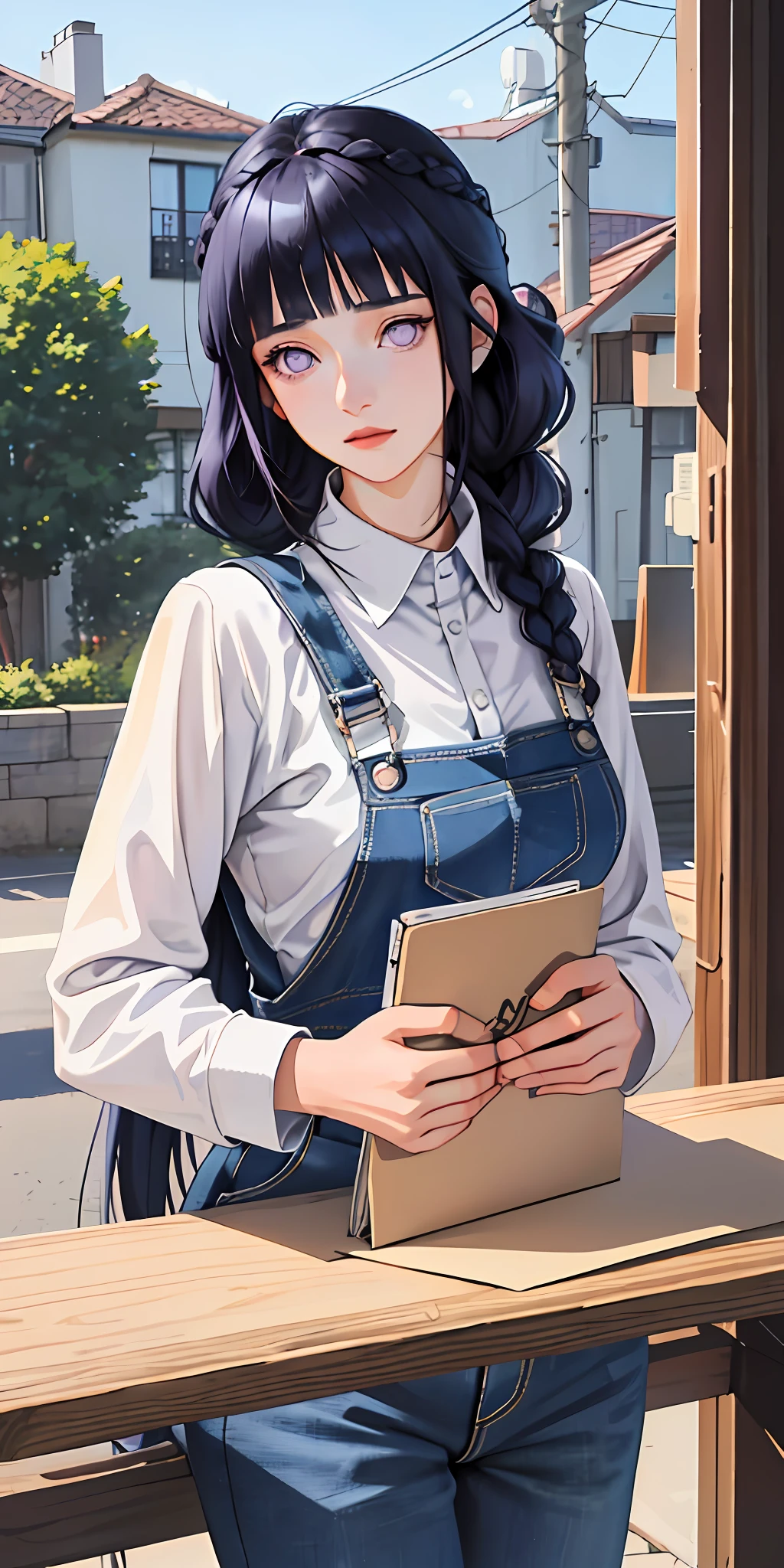 masterpiece, best quality, ultra-detailed, illustration,1girl,
long hair, dark blue hair, french braid, purple eyes, blunt bangs, 
shirt, (denim overalls:1.1),
medium breast,  
looking at viewer, hinata\(shippuden\)
