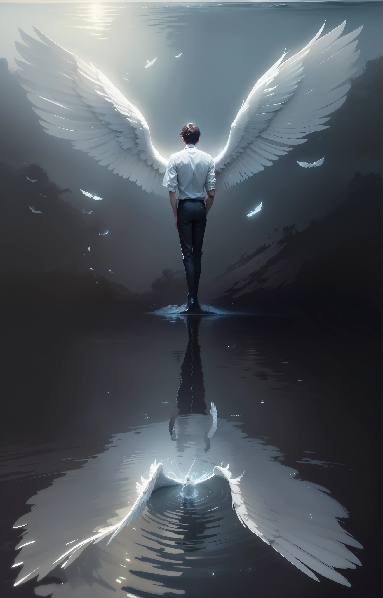 there is a man standing in the water with wings on his back, winged human, winged boy, phone wallpaper, an angel, wings are clouds of darkness, infinite angelic wings, epic angel wings, big angel wings wide open, angelic and unsettling, low angel, wallpaper mobile, amazing wallpaper, mobile wallpaper, one angel, winged, white wings, angelic