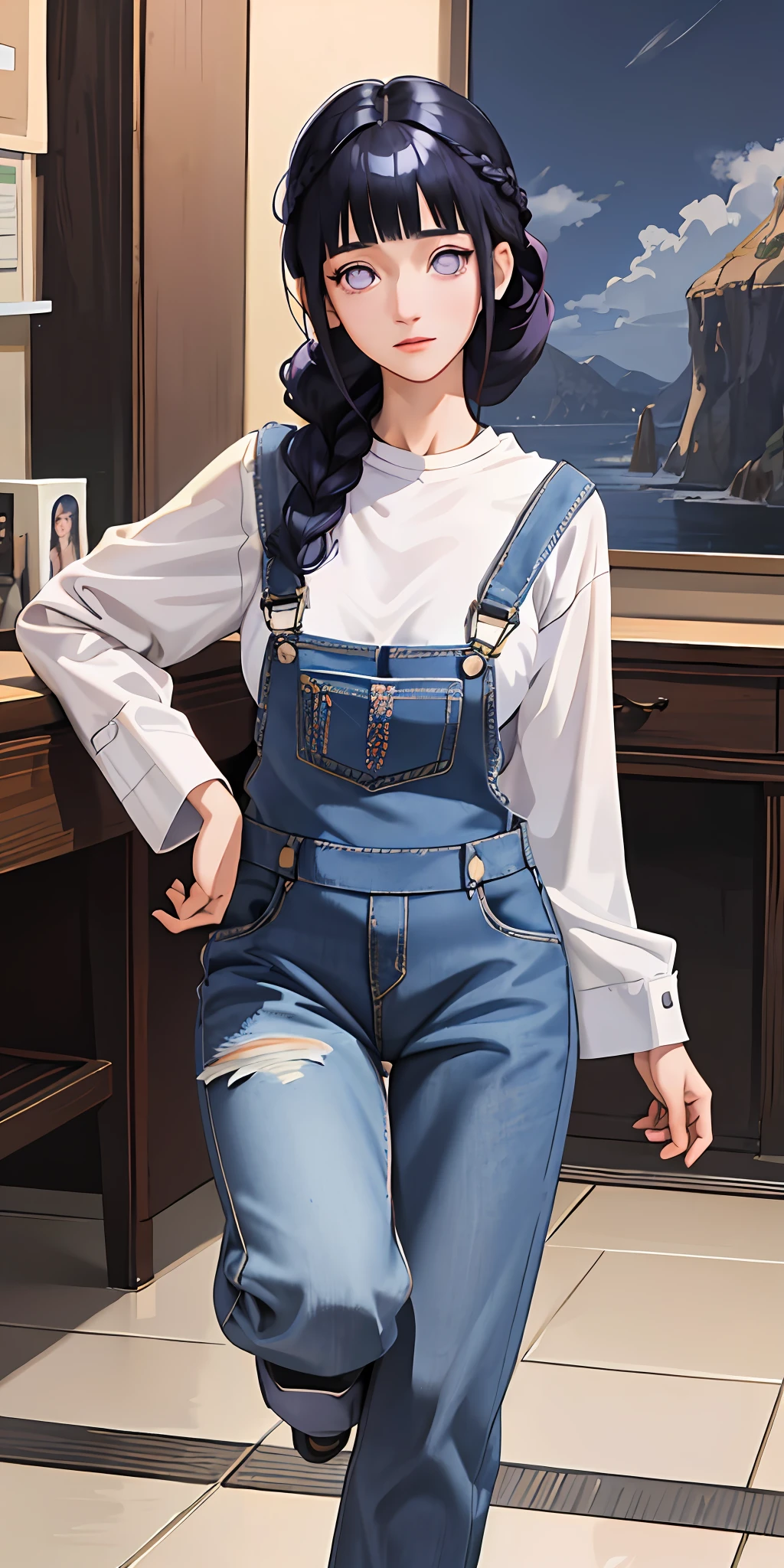 masterpiece, best quality, ultra-detailed, illustration,1girl,
long hair, dark blue hair, french braid, purple eyes, blunt bangs,
shirt, (denim overalls:1.1),
medium breast,
looking at viewer, hinata\(shippuden\)