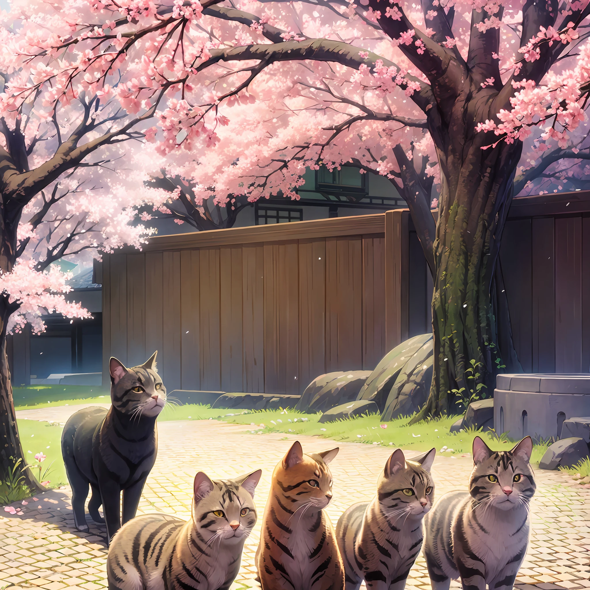 Seven beckoning cats standing under a cherry blossom tree with a 1,000-year-old cherry blossom blizzard --auto --s2