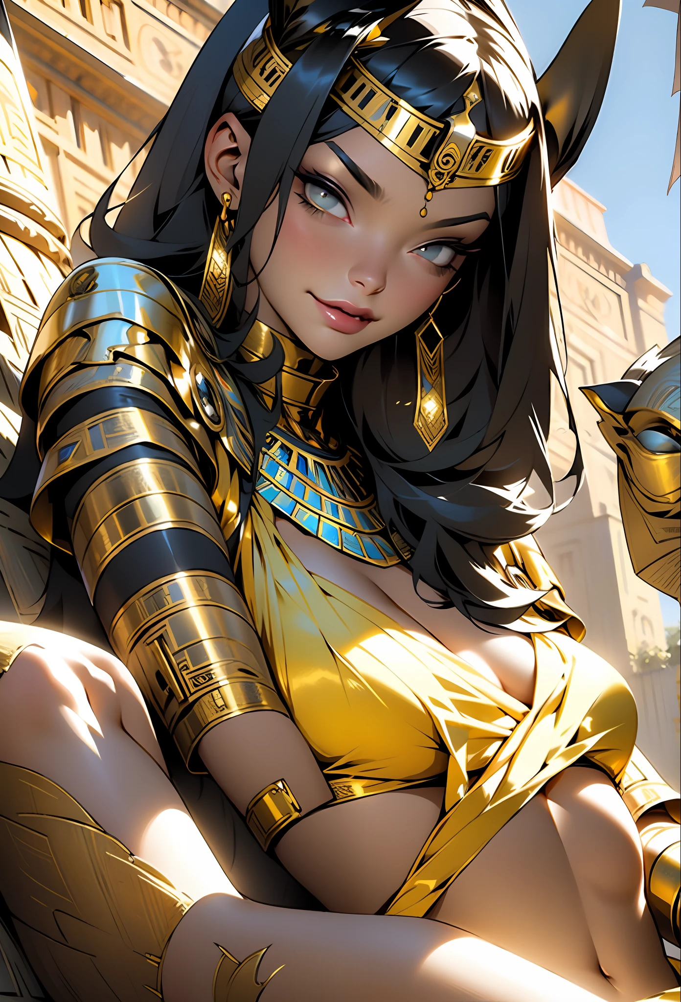 Female mummy, gorgeous face, full body, Cleopatra, all bandaged, ((bandaged breasts)), ((bandaged arms)), bare belly, navel, bandaged thighs, tiny thong, torn and tiny thong, large breasts, generous neckline, Egyptian scratch on head, black hair with short bangs on forehead, Bettie Page, ancient Egypt, (((lying on the lap of the God Anubis in sexy pose))), mischievous smile