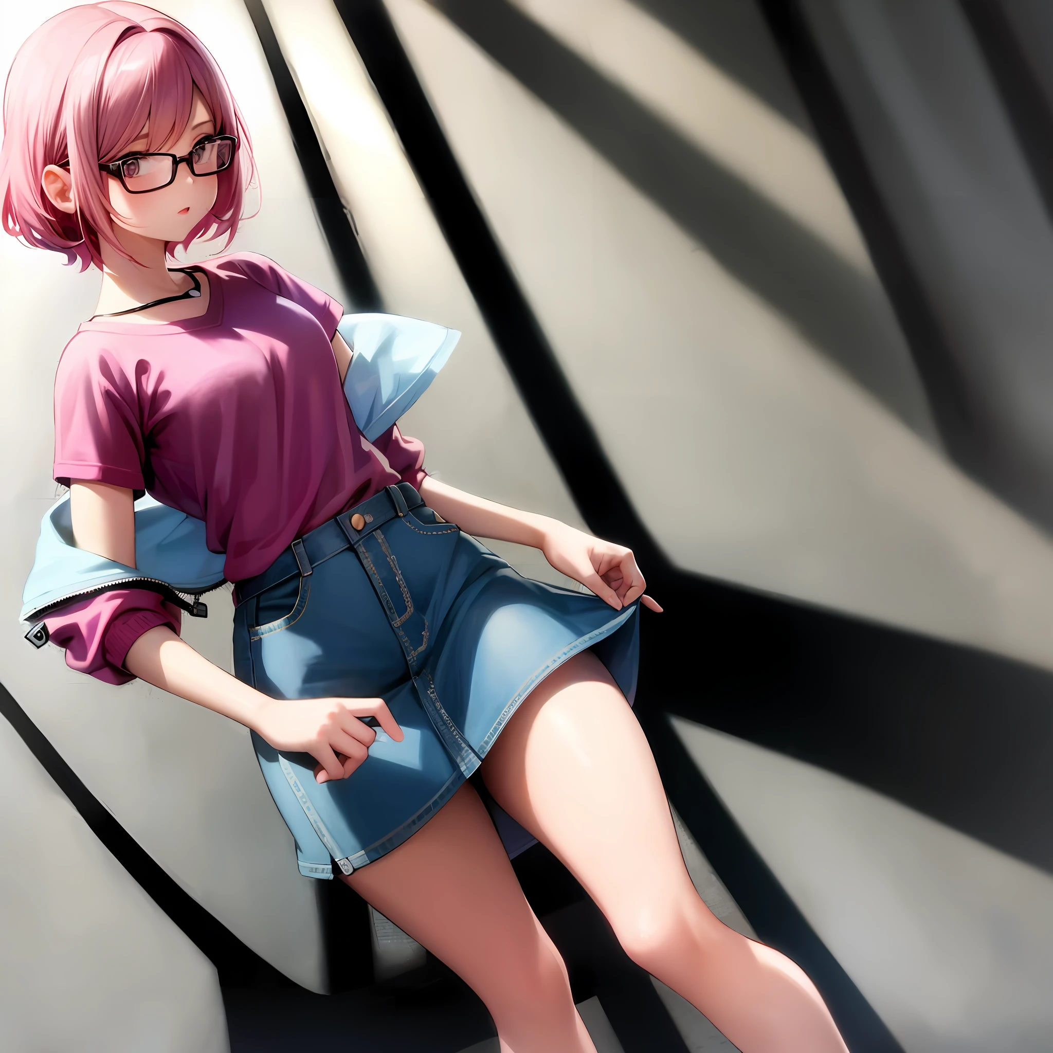 1 girl, pink hair, glasses, jean jacket, short skirt