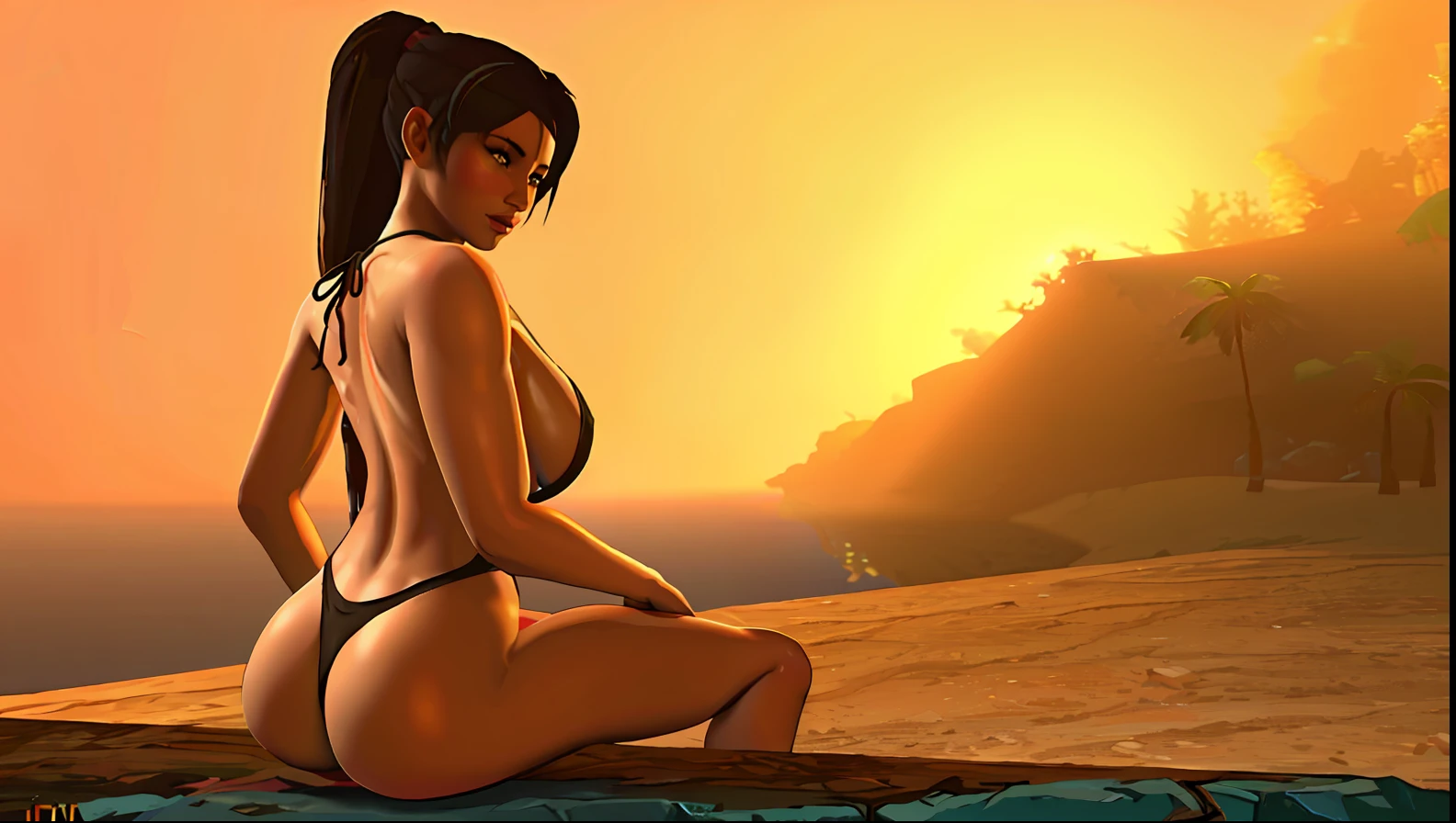 arafed woman sitting on a rock in a bikini on a cliff, lara croft relaxing, tomb raider beautiful, lara croft, glamorous tifa lockheart, daz studio genesis iray ultra hd, 8 k sensual lighting, sunbathed skin, daz 3d, daz 3 d, daz3d, tifa, iray, tifa lockhart