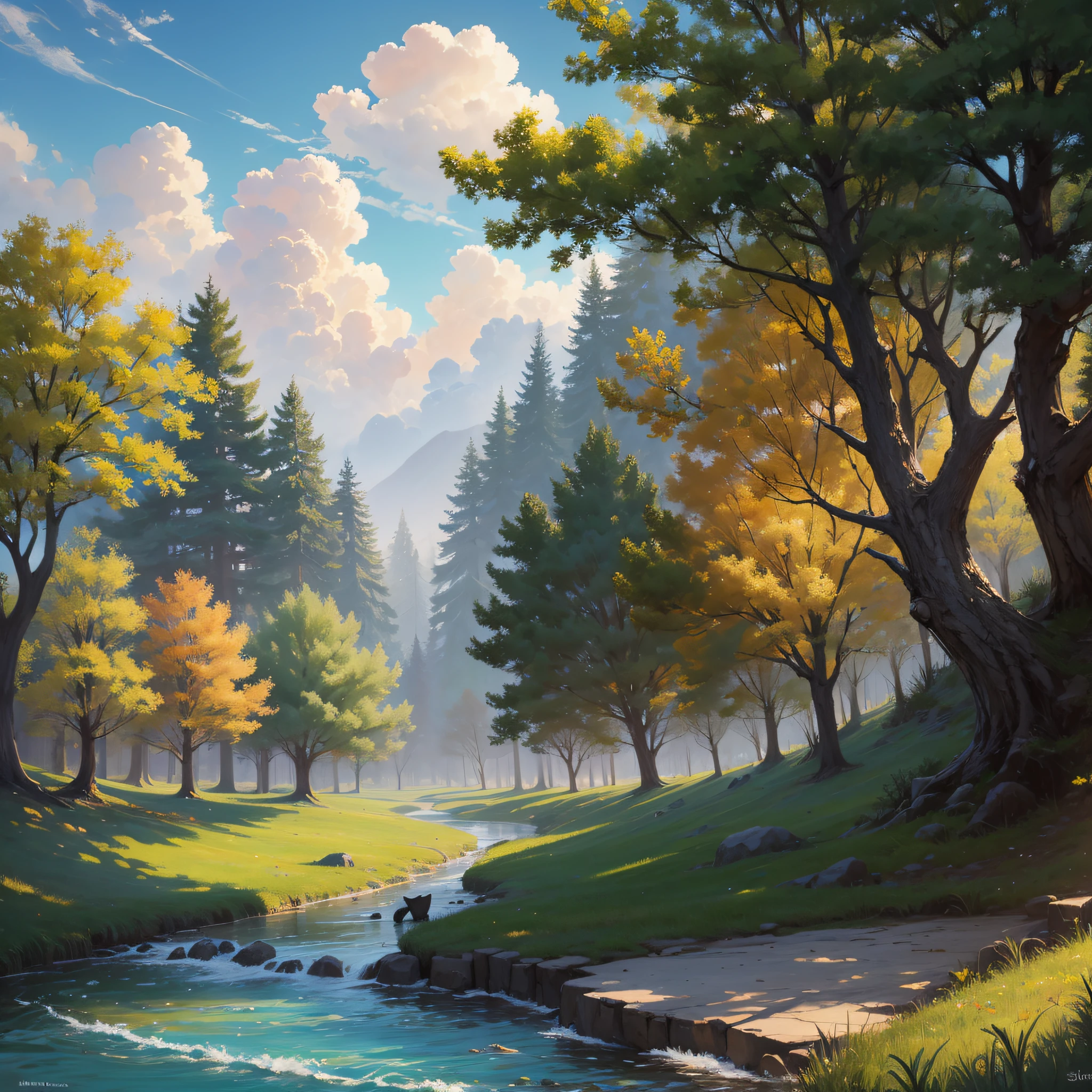 concept art, samia, tree, landscape, cloud, outdoors, animal, stream, sky, sky, day, fairy lake, grass, nature, mksks style, best quality, perfect --auto --s2