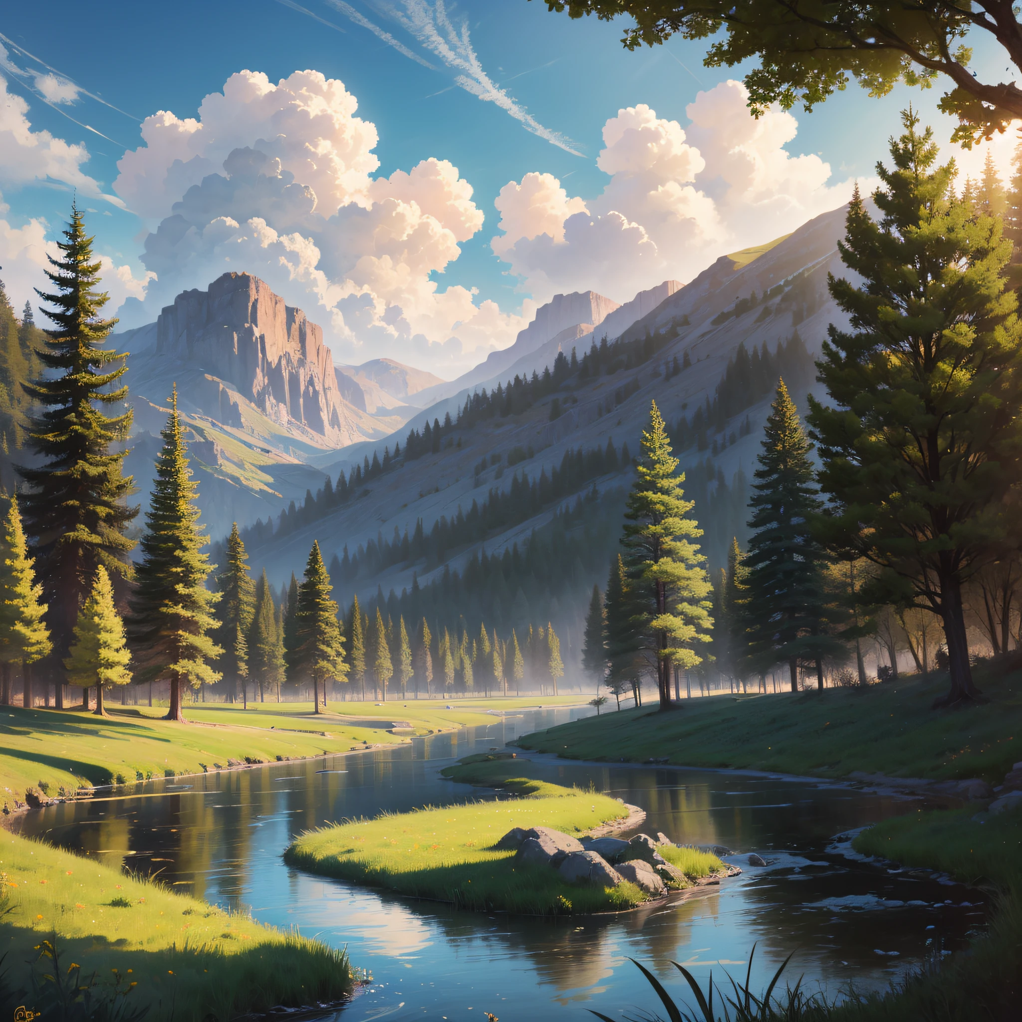 concept art, samia, tree, landscape, cloud, outdoors, animal, stream, sky, sky, day, fairy lake, grass, nature, mksks style, best quality, perfect --auto --s2