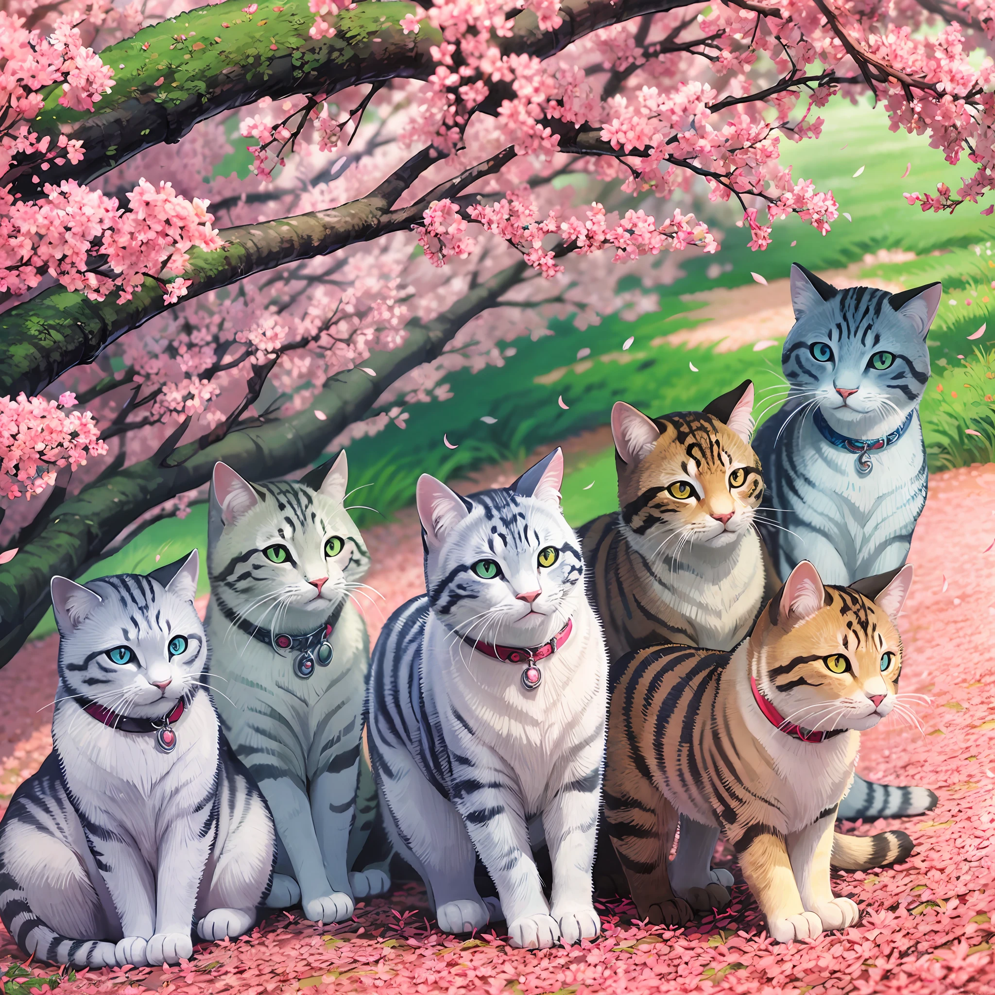 Seven beckoning cats standing under a cherry blossom tree with a 1,000-year-old cherry blossom blizzard --auto --s2
