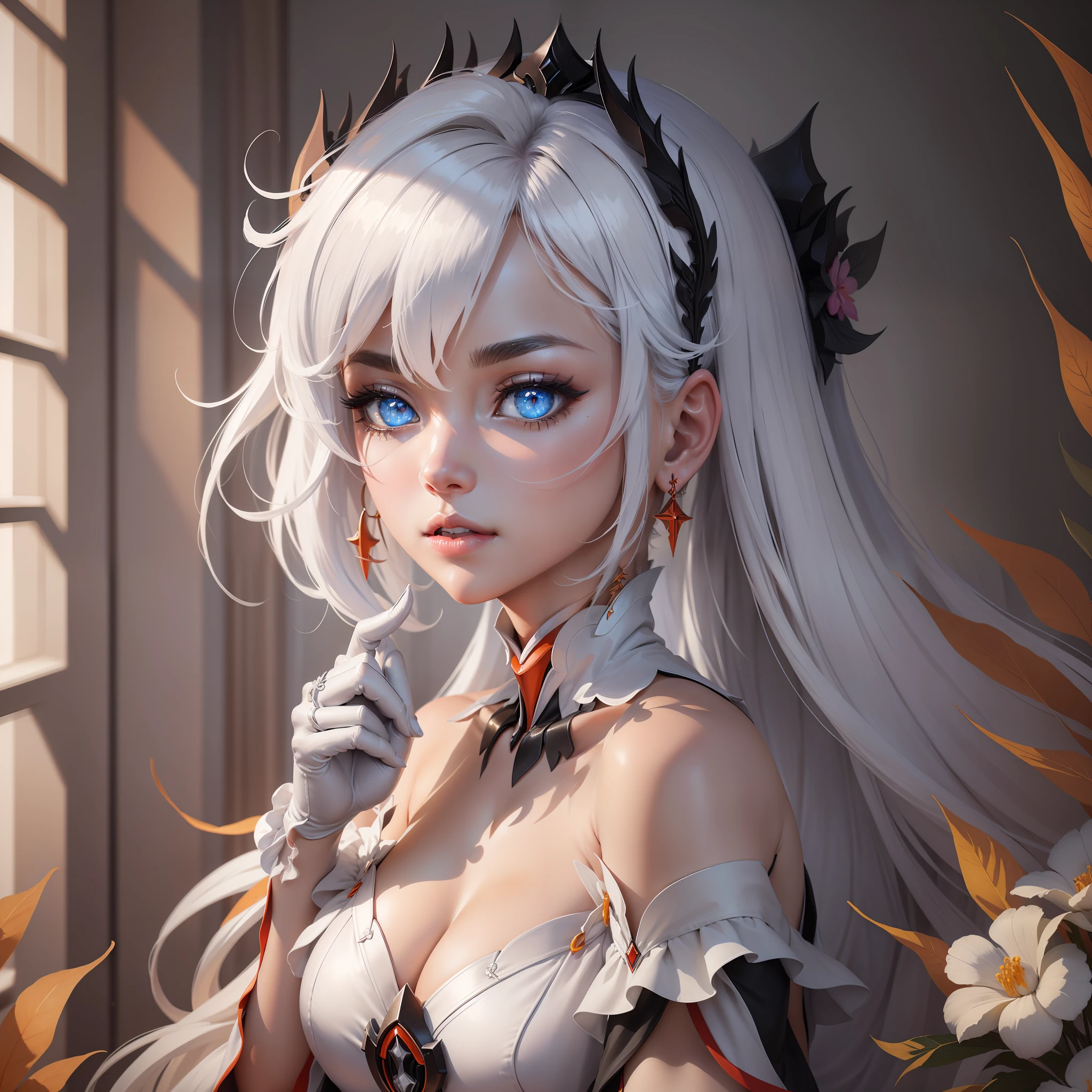 ph_kiana, kianahd, kianads, (masterpiece: 1.6, best quality), (beautiful finely detailed eyes: 1.2), ultra-detailed, illustration, beautiful detailed eyes, looking at the viewer, (off the shoulder: 1.1), shiny skin, flowers, white hair