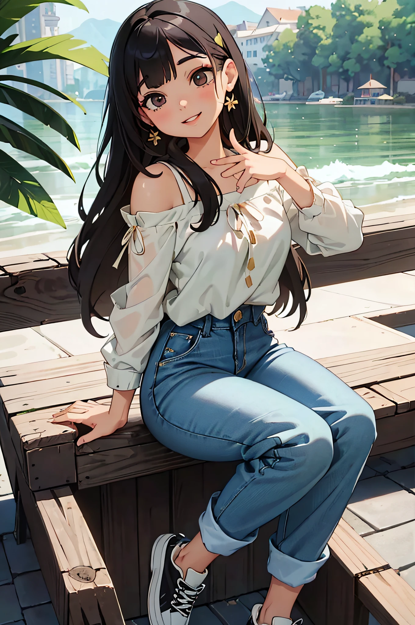 (masterpiece), (portrait), (aesthetic), (beautiful), (upper blody), (high quality), (aesthetic clothings), (professional angle), (rule of thirds), (Feminine), (woman), (female), (beautiful),(feminine features), (25 years), solo, 1 woman, (attractive Philippine), Winter, Soft light, (Sitting), Chic Makeup, (Medium bust), ((holding a Tropical Fruit)), (Side face), (Smiling expression), ((Cheerful)), Flower Crown, ((Medium hair)), (Black hair), (Straight hair), (Silky hair), Glossy shine hair, (Hairpin in hair), (Brown eyes), (Youthful, Natural look), (Olive skin), (Vibrant clothing), (Blouse), (Jeans), (Sneakers), Off-Shoulder neckline), ((Urban background)), (- in background), (Full Shot shot), beautiful hands, two hands, normal hands, two arms, complete hands, beautiful body, beautiful fingers, normal fingers, five fingers, five fingers, (Thumb index meddle ring little fingers), beautiful ears, normal ears, beautiful eyes, shiny eyes, beautiful mouth, beautiful lips,