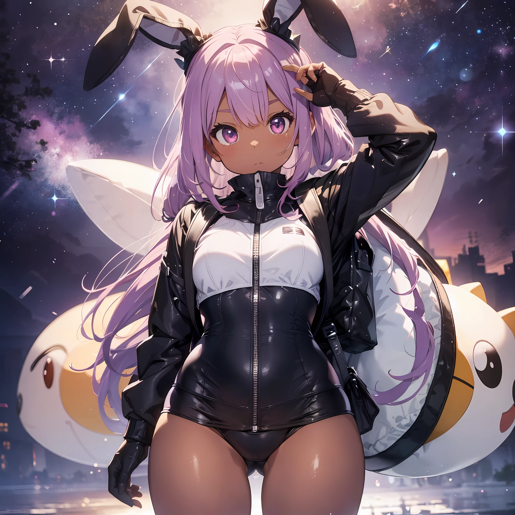Neat school swimsuit, thick eyebrows, There are so many stuffed animals in the backpack that they stick out, Huge leather backpack, (dark skin: 1.3), black gloves, brown skin, movie lighting, small, beautiful light pink hair, rabbit ears, (masterpiece), ((highest quality)), (super detailed), shiny skin, Full body anime girl, clean and detailed anime face, high resolution anime eyes, five fingers, textile shading, perfect human structure, perfect anatomy,