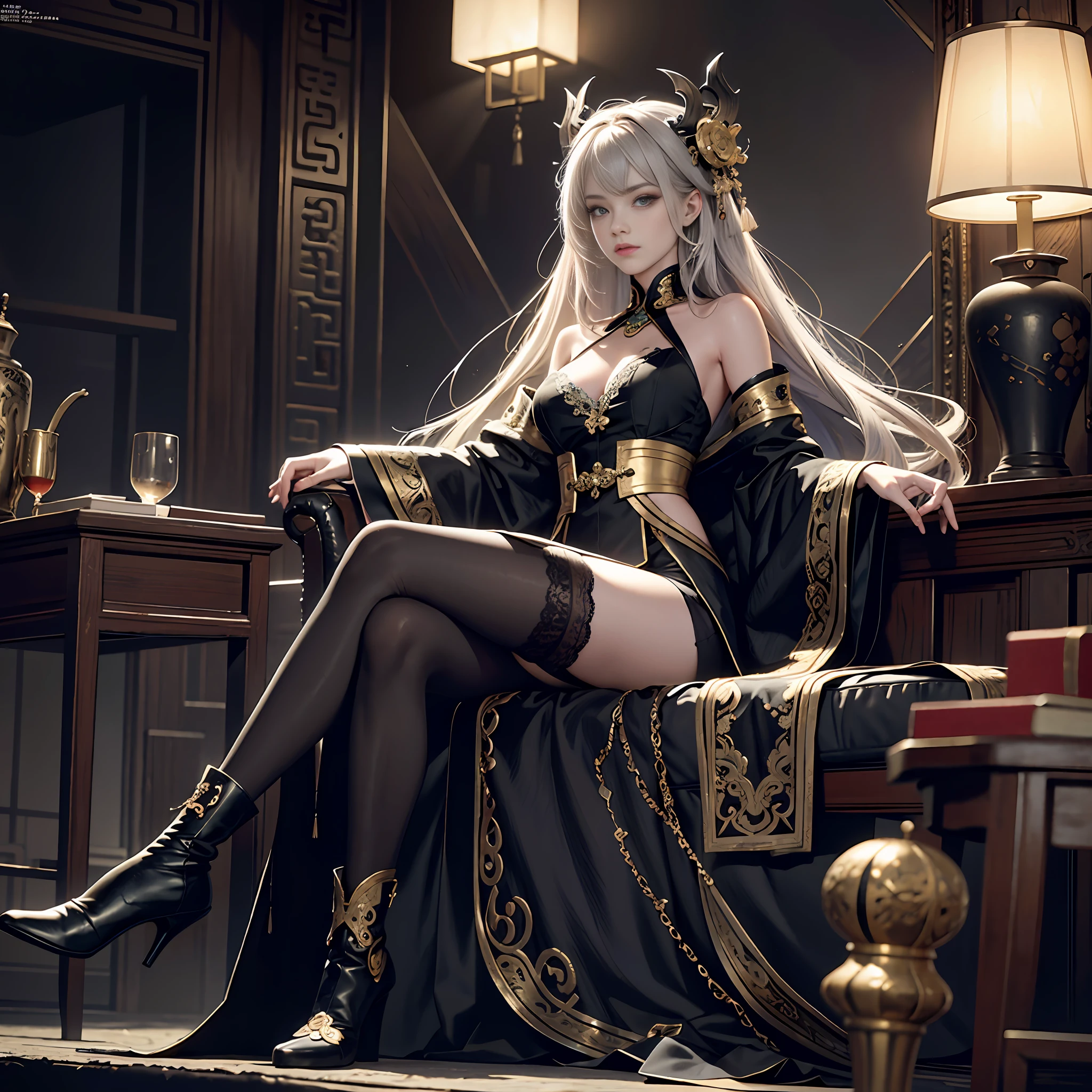 Official Art, Unity 8k wallpaper, super detailed, beautiful, beautiful, masterpiece, best quality, super detailed texture, asymmetrical aesthetics,
darkness, epic, atmospheric, mysterious, taboo, art, ancient china, decoration, intricate, gold and silver products, supernatural, costume design, lace embellishment,
1 girl, legged, sitting, black stockings, boots, elegant manners, conservative clothing, full body composition