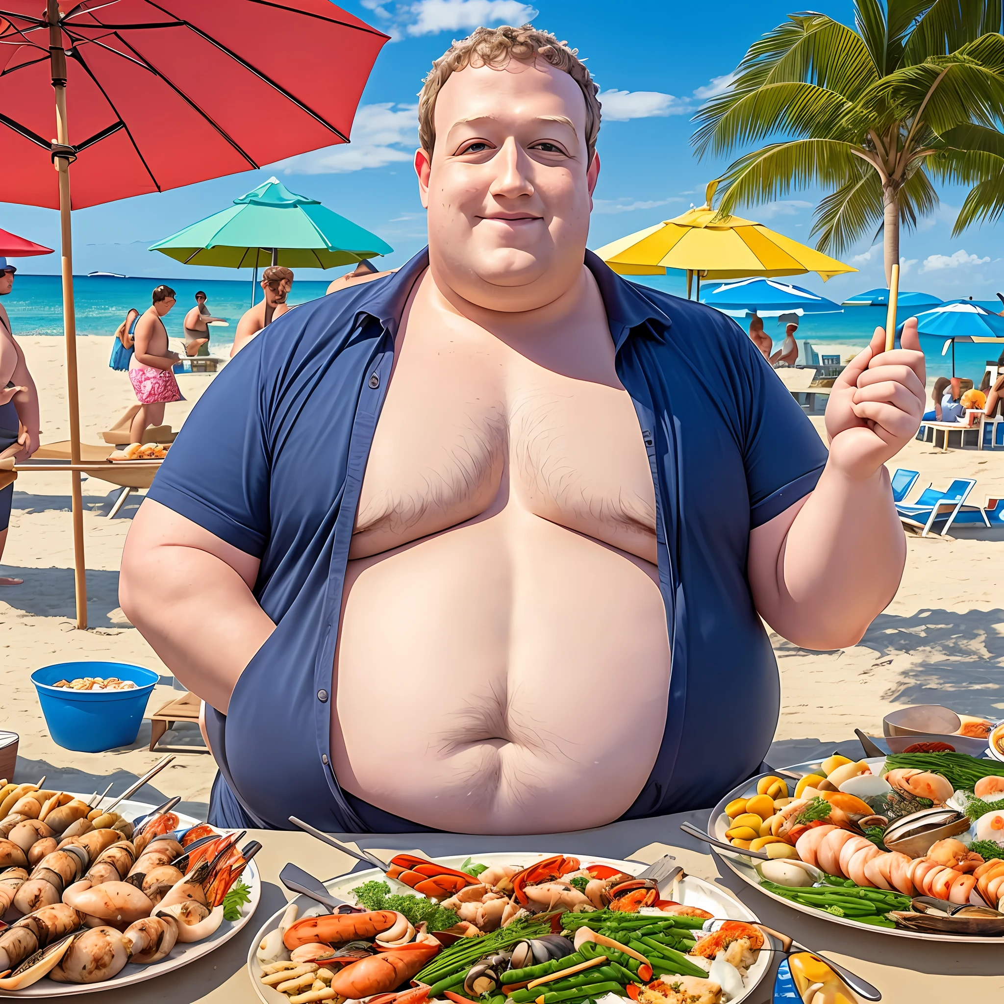 Significantly Obese Mark Zuckerberg on a beach, surrounded by an assortment of seafood skewers. Show him relishing the flavors and textures of the skewers while his belly grows larger. Capture the vibrant beach atmosphere and the enjoyment he derives from the indulgent feast --auto --s2