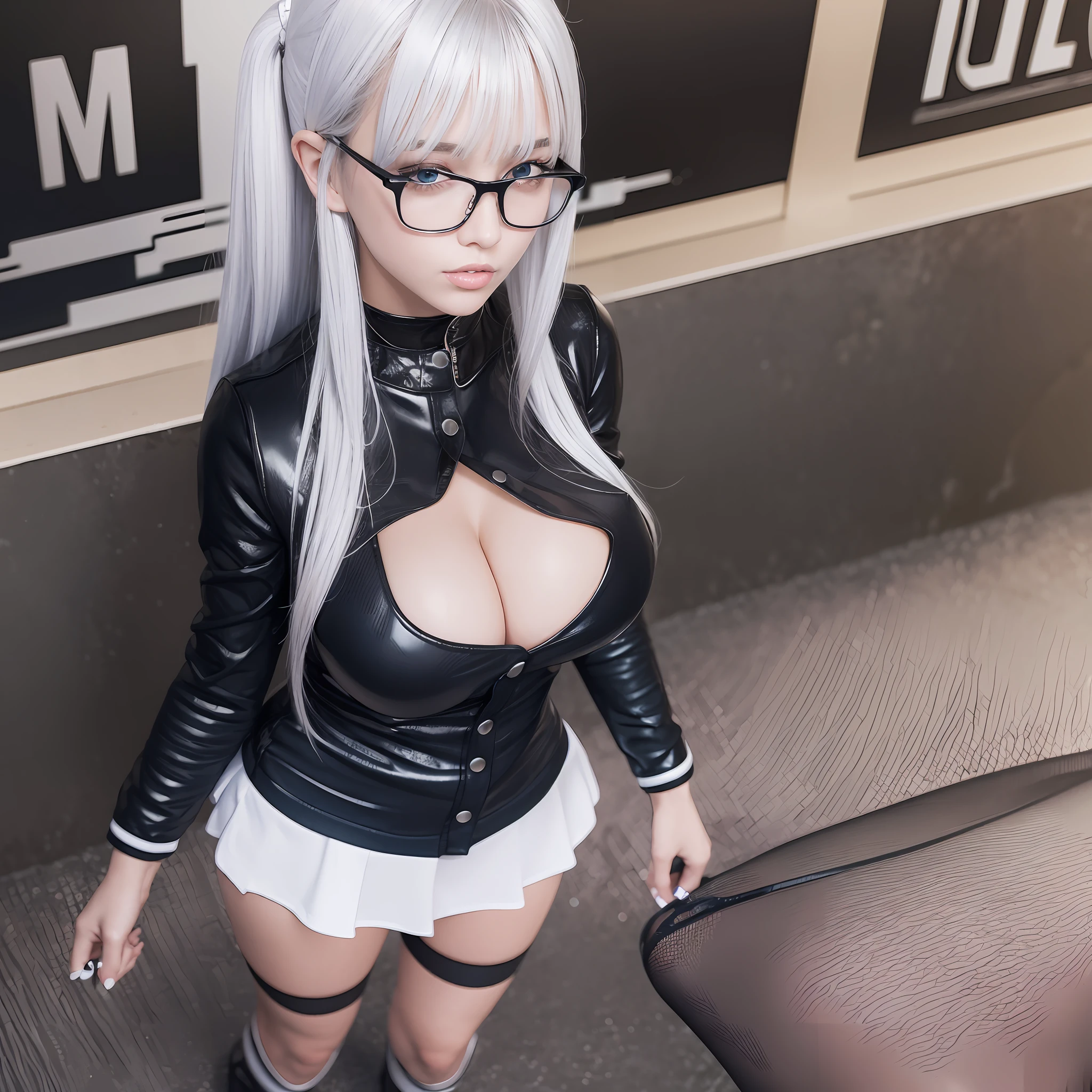 high resolution, best quality, master piece, very high image quality, ultra detailed, hyper realistic, 3d, from below, standing open legs, arms crossed, intelligent beauty, black glasses, white silver glossy hair, high layer cut, mullet hair style, sparkling glossy blue big eyes, glossy lips, white open-chested cardigan, blue sexy lingerie, black tight miniskirt, black knee-high socks, high heels, huge breasts, full body, slender