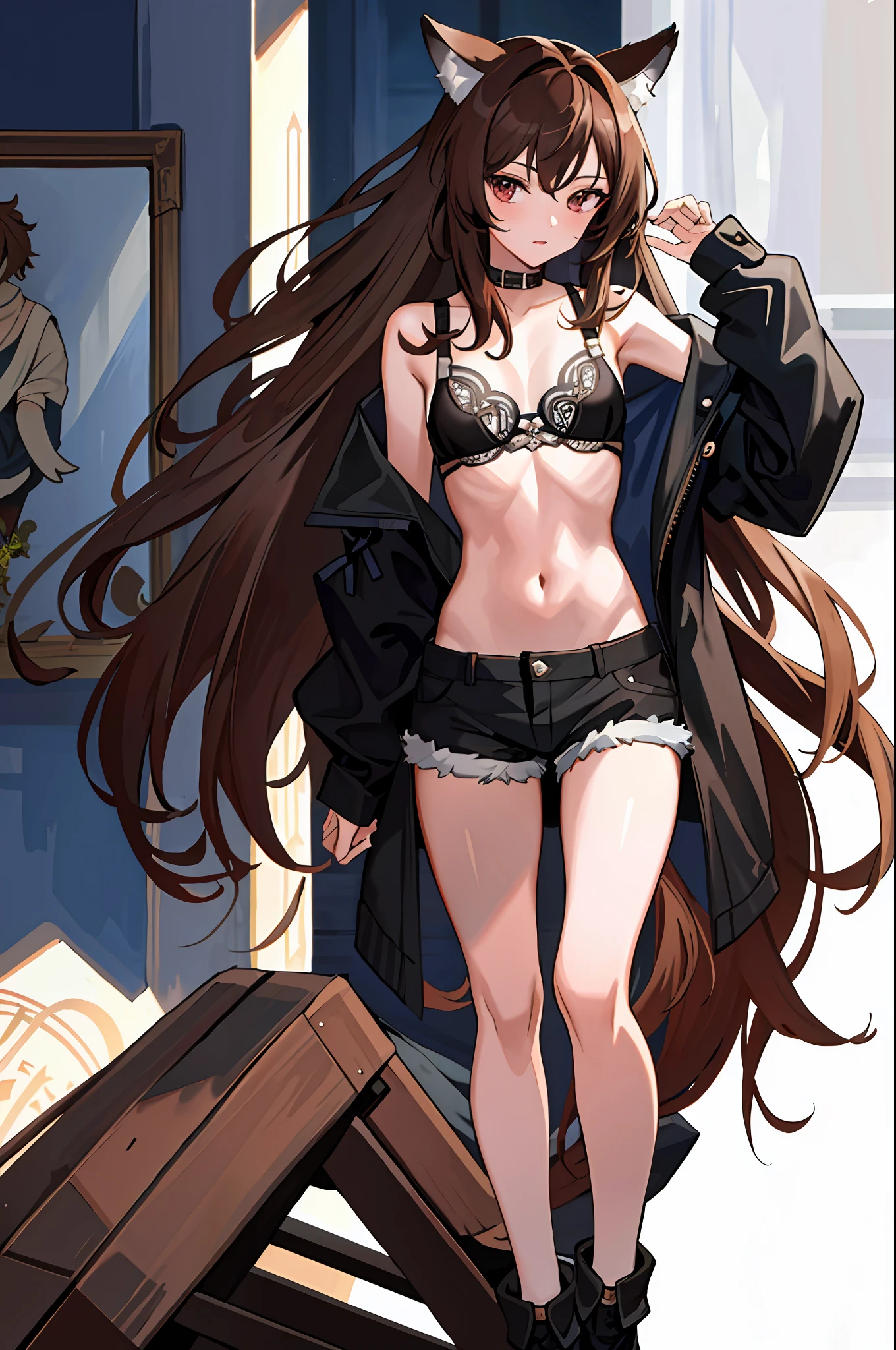 ((masterpiece: 1.2, best quality)), 1aldy, solo, brown brown hair, long hair, caramel brown eyes, toned body, wolf ears, wolf tail, black shorts, black training bra, medium chest(art nouveau: 1.3)