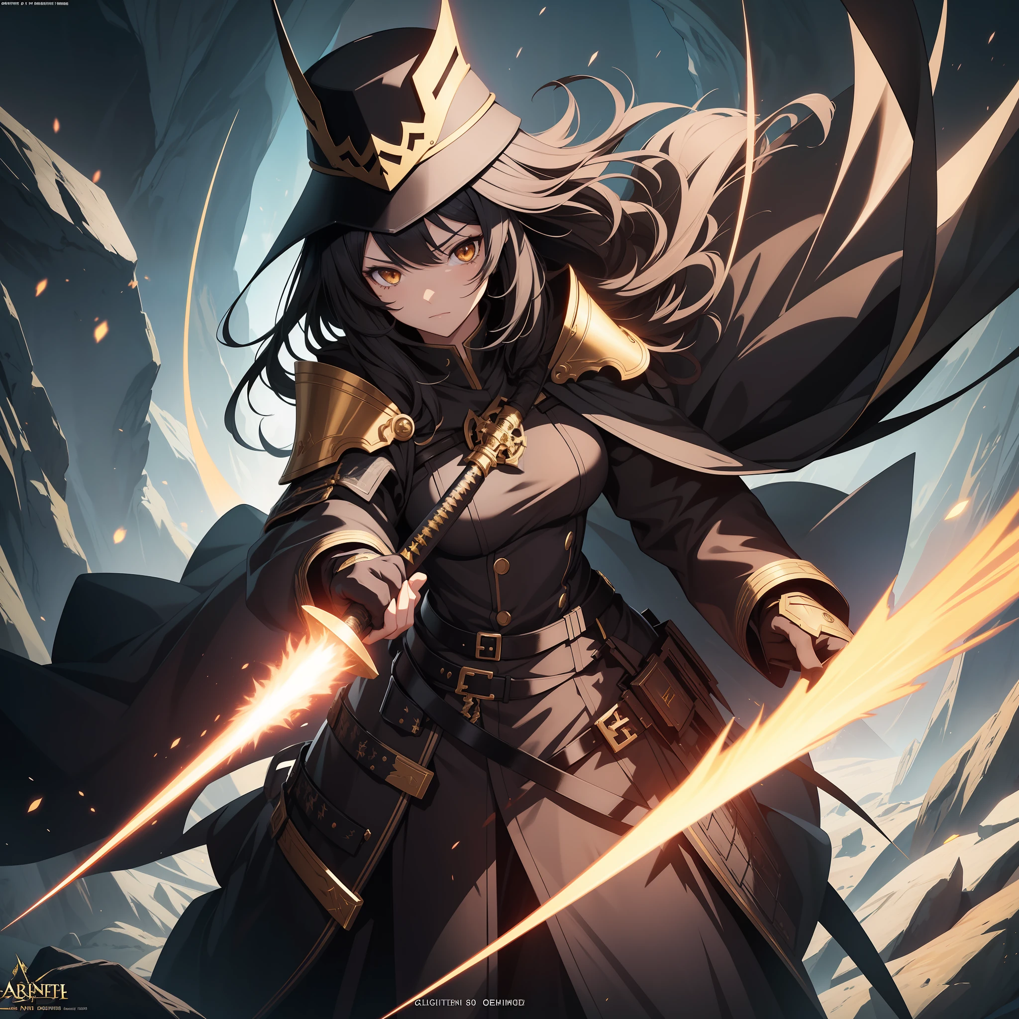 1 girl, anime, full flat conical hat, highly detailed official art arknights, black hair, detailed anime key art, official character art, overly detailed art, full art, large katana, anime fantasy illustration, female knight, black oriental combat costume with gold details, black cloak, serious face, adult woman, bright golden eyes