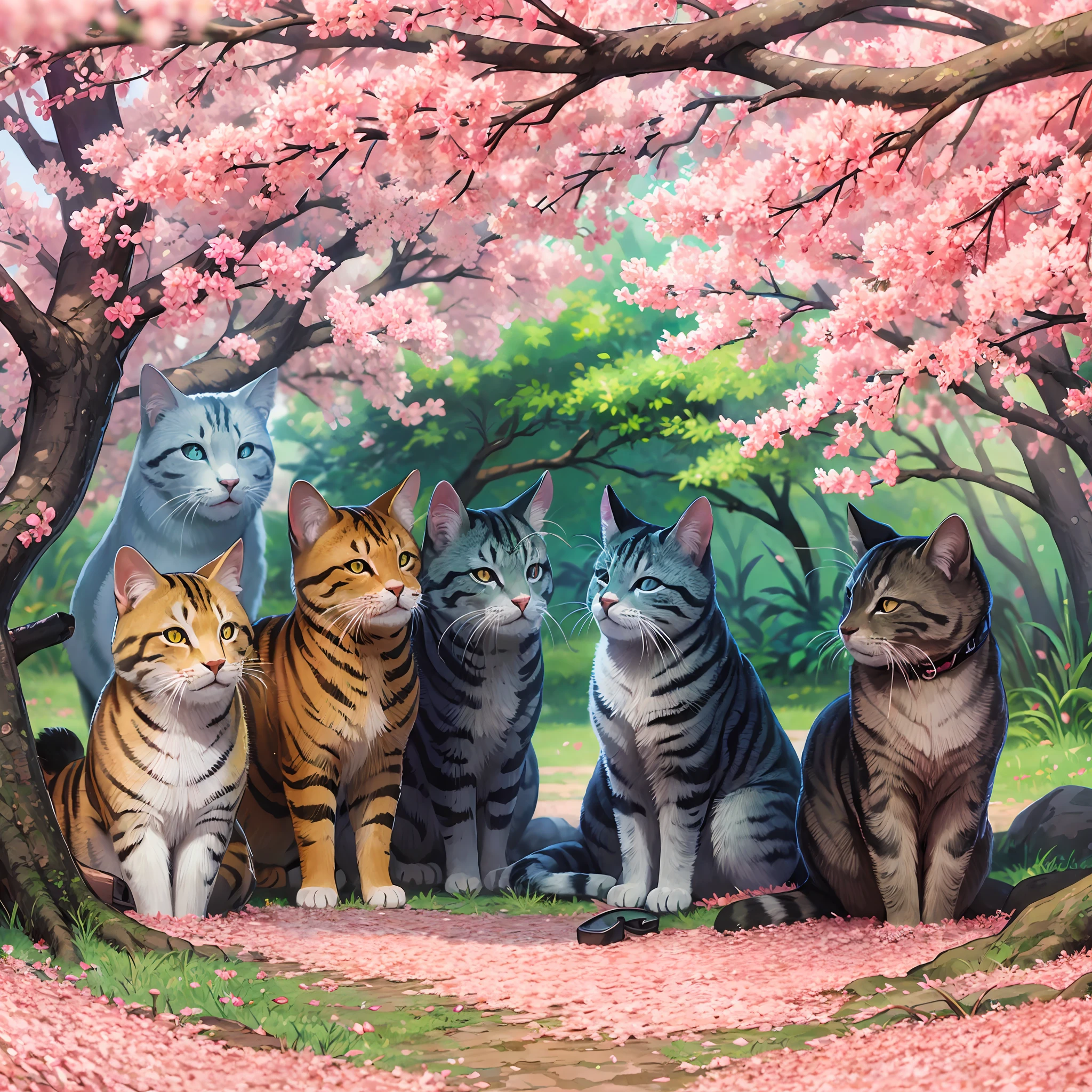 Seven beckoning cats standing under a cherry blossom tree with a 1,000-year-old cherry blossom blizzard --auto --s2