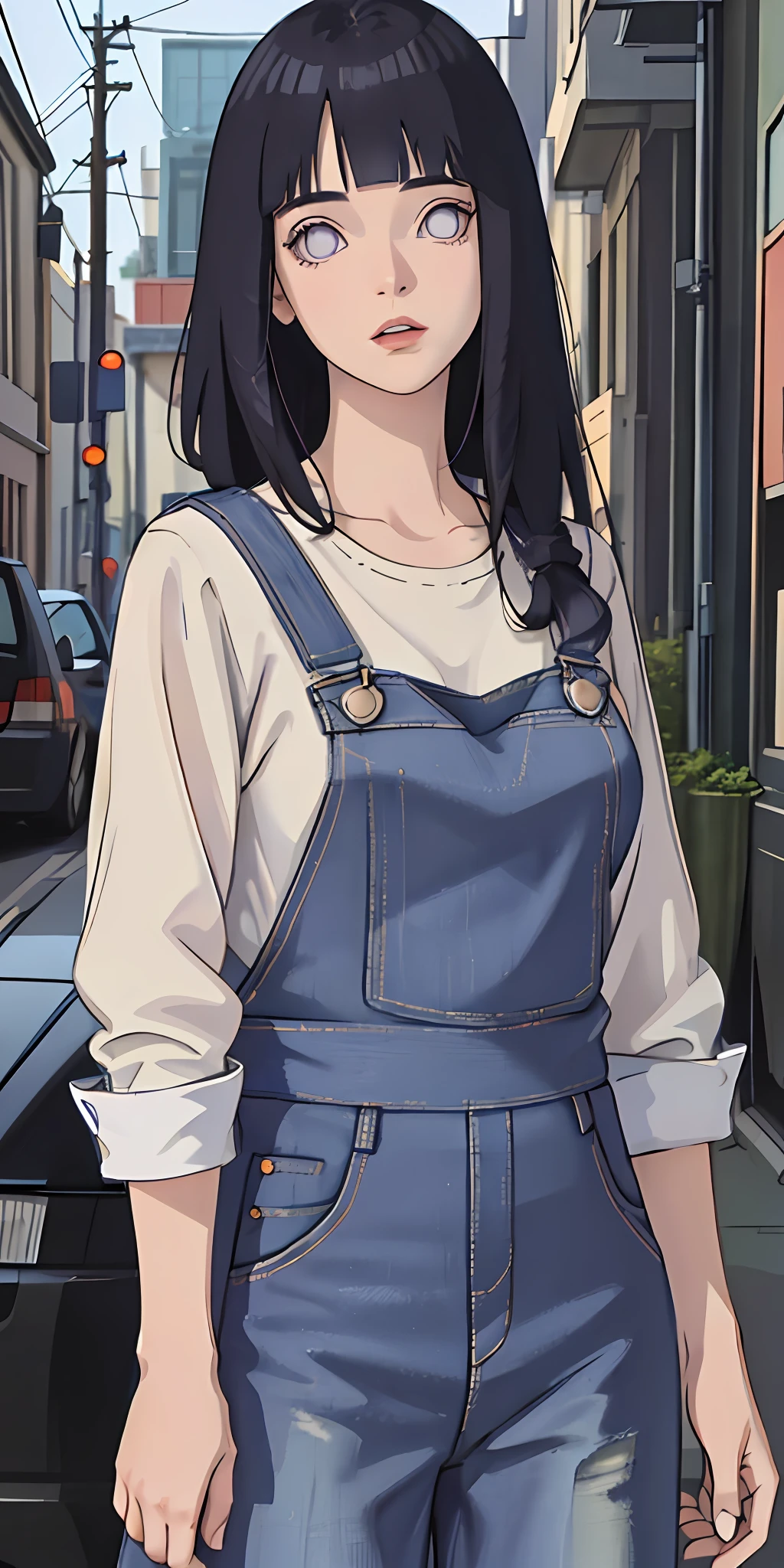masterpiece, best quality, ultra-detailed, illustration,1girl,
long hair, dark blue hair, messy hairbun, purple eyes, blunt bangs,
shirt, (denim overalls:1.1),
medium breast,
looking at viewer, hinata/(boruto/), detailed lips