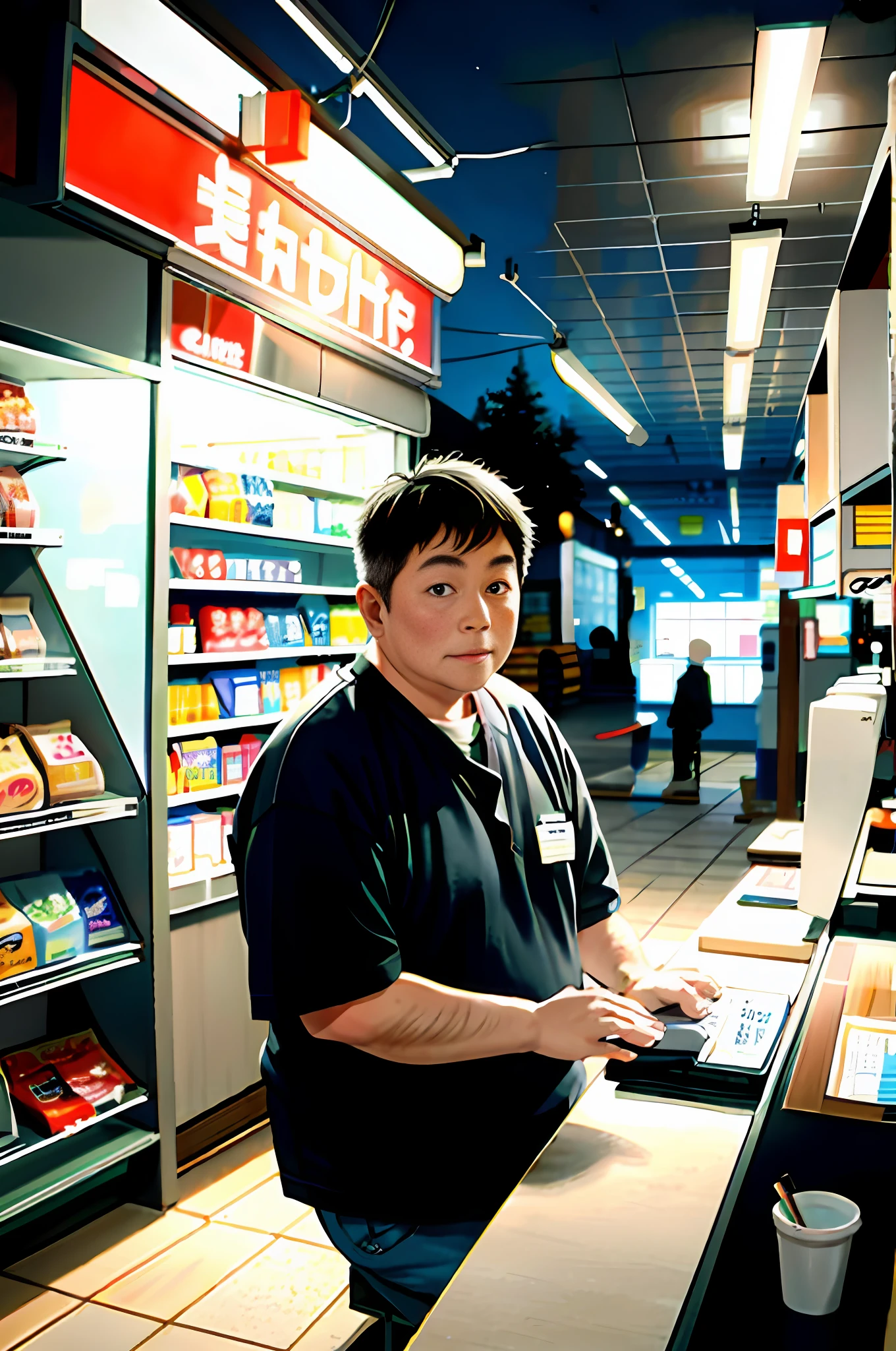 White walls, fluorescent lights, vending machines, magazine racks, Japanese