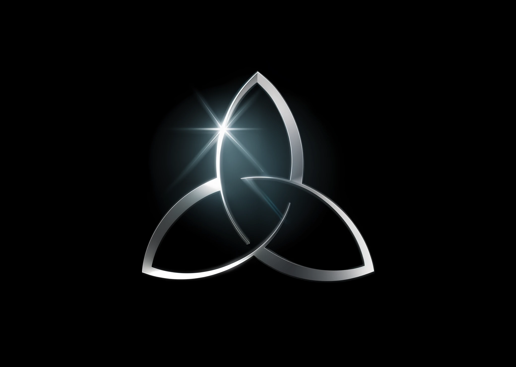Create silver triquetra logo by dropping lights, with dark background, 8k quality, better quality.