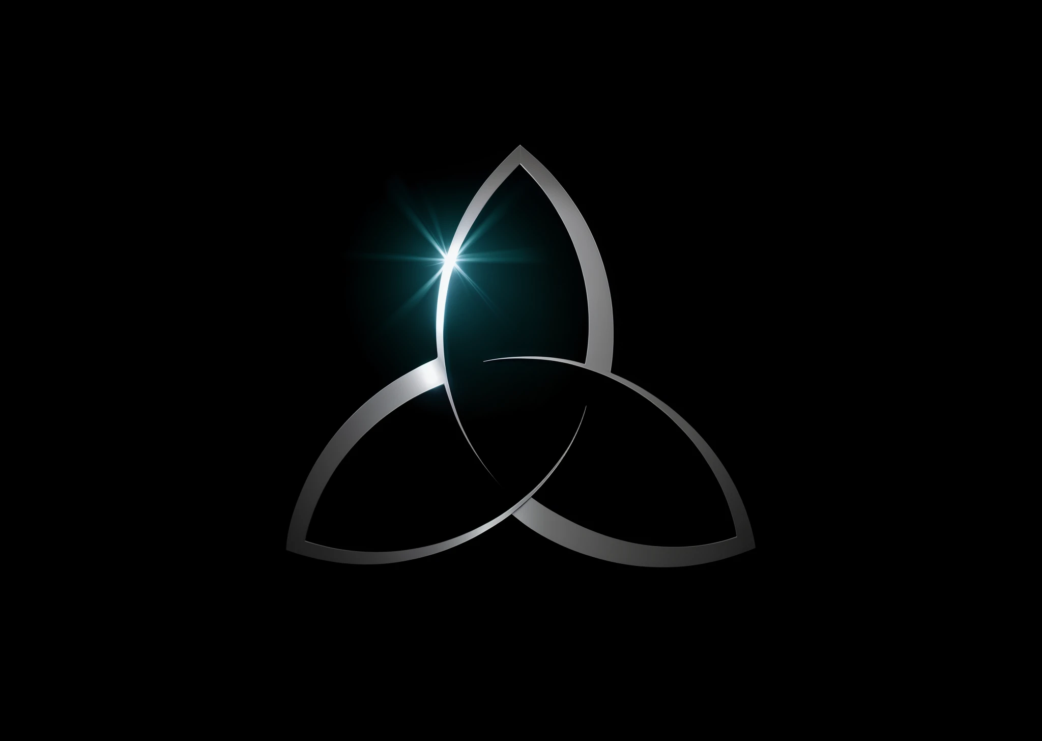 Create silver triquetra logo by dropping lights, with dark background, 8k quality, better quality.