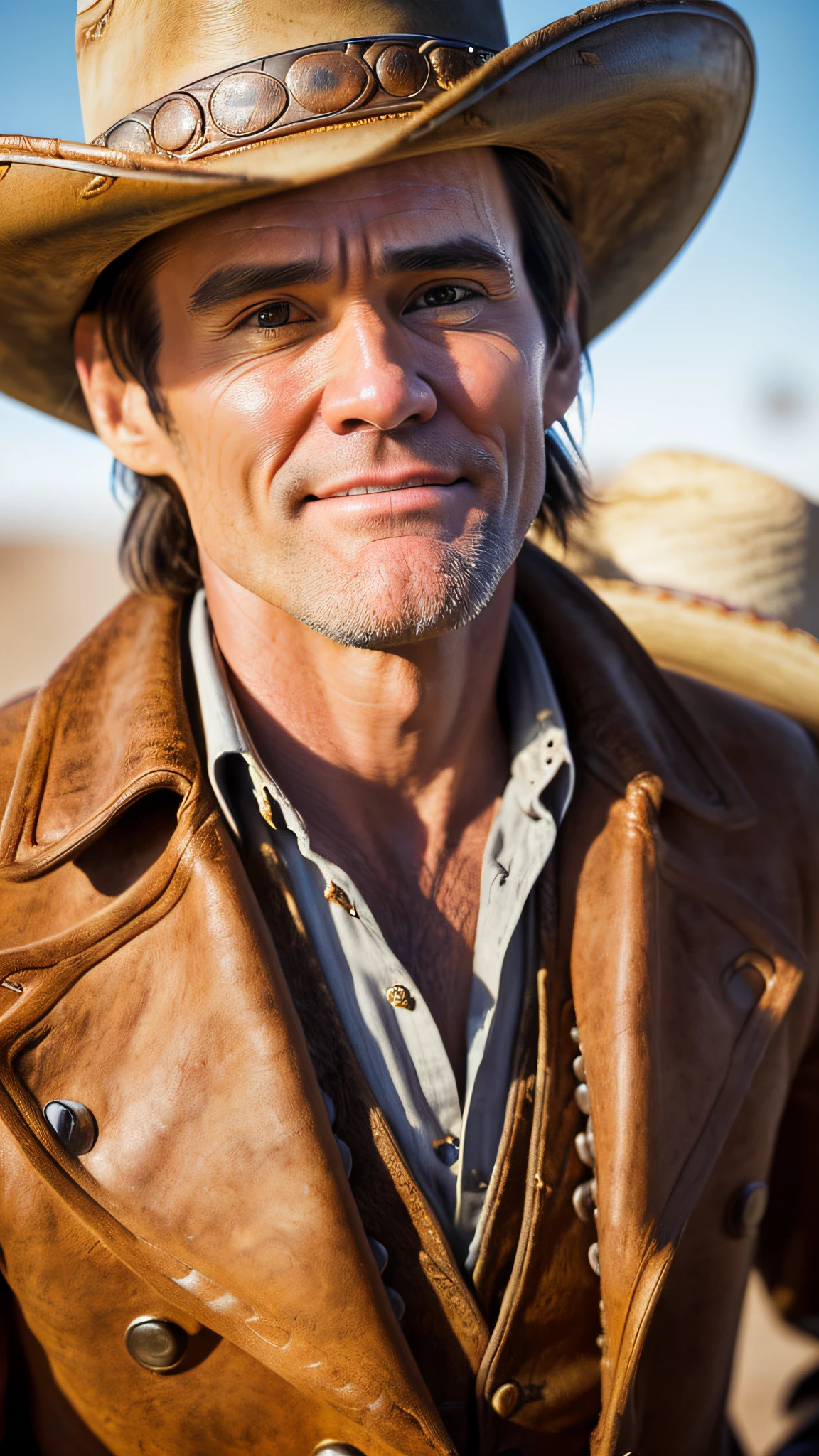 (extremely detailed cowboy man, Jim Carrey face, masterpiece, best quality, 30 years, ultra-detailed), (better lighting, better shadow, an extremely delicate and beautiful), ((1man,1woman)),(Wild west city setting, depth of field, saloon,),(20mm camera)