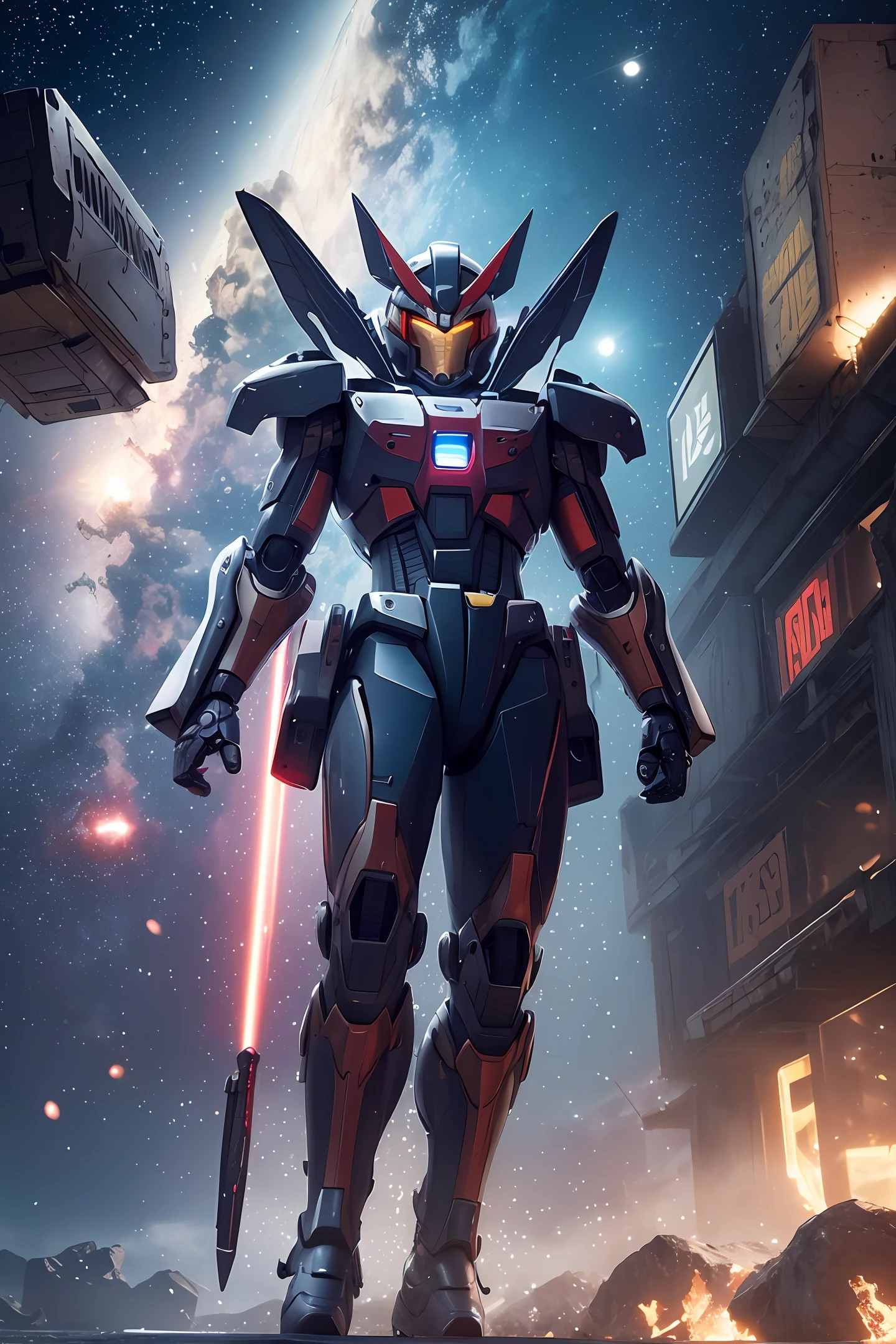 **ultra realistic gundam of a Gundam-style robot fighting in space, the full-body shot of the robot is filled with intricate mechanical details. The upper body is colored in dark blue, yellow, and red, while the lower body is white and blue. The left shoulder bears the number 923, and the right shoulder has the number 88. The robot's left hand is raised high, holding a large sword. The robot has a pair of red and black mechanical wings that radiate red laser jets. The right wing also carries a long laser cannon that can extend from the right side of the robot's torso. In addition, there is a small mechanical shield attached to the robot's right arm, galaxy reflections, deep space , detailed intricate ornate armour, cybernetic, full of colour, cinematic lighting, battered, trending on artstation, hyperrealistic, focused, extreme details,unreal engine 5, cinematic, masterpiece, wide shot, eldritch horror,blade runner, --ar 16:9 --niji 5