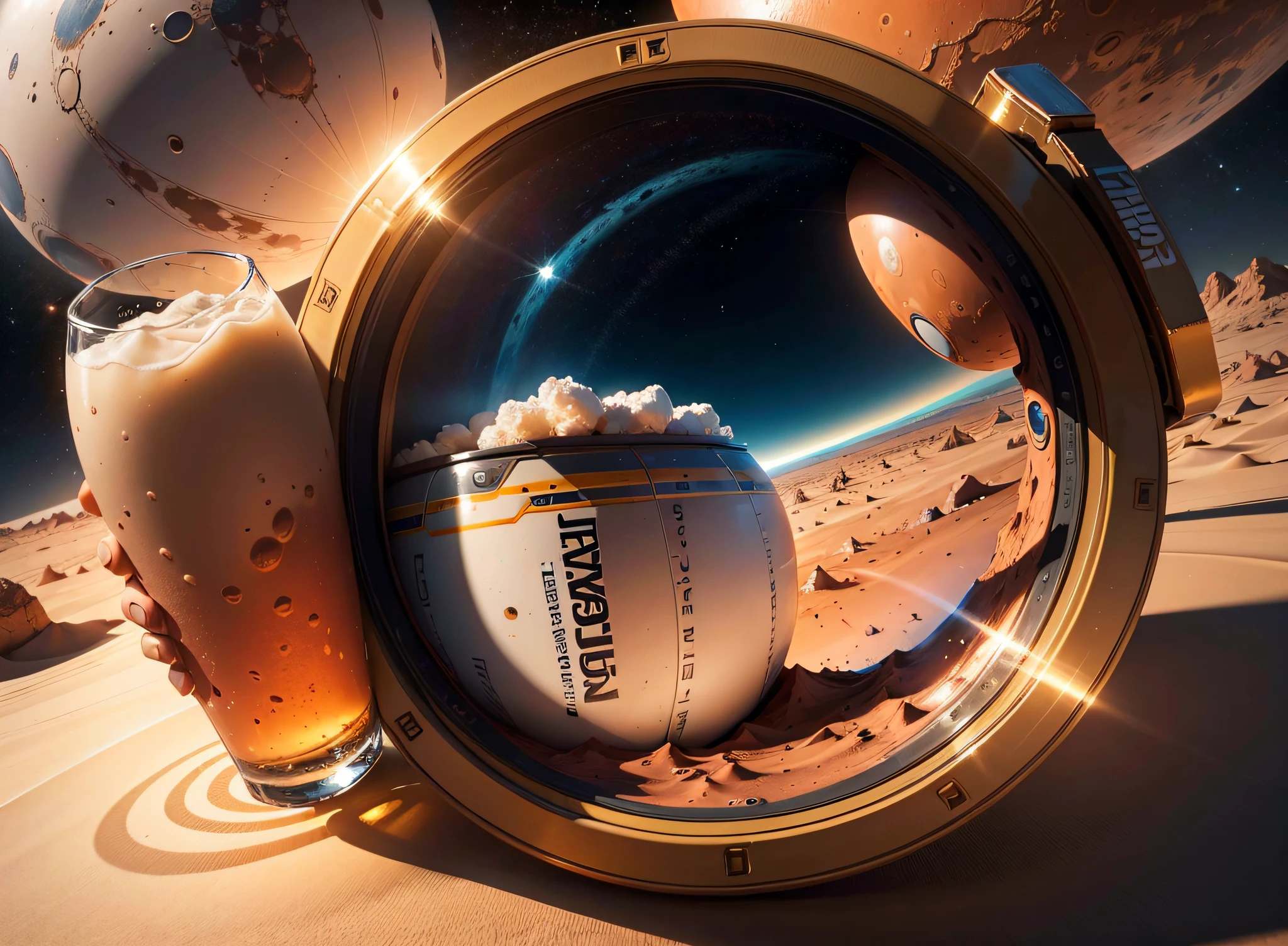 ((masterpiece))), 8k wallpaper of ultra-detailed unit CG of best quality, astronaut drinking corona beer on mars