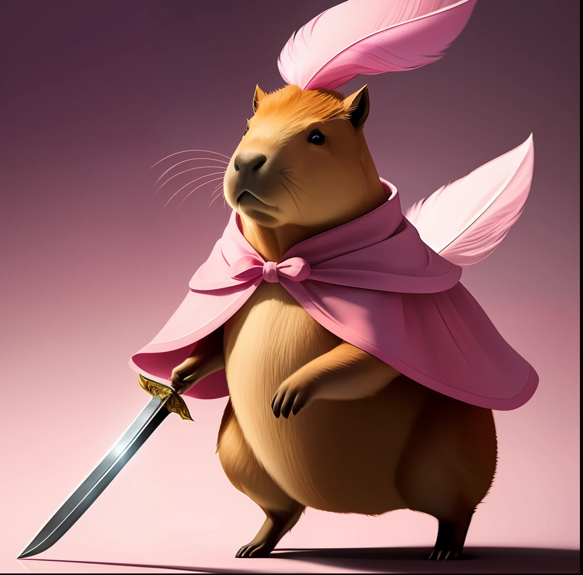 (a capybara wearing a pink feather cape + small sword), high definition, soft lighting, blurry, mysterious, realistic textures, dynamic pose, blurred background, 2d image