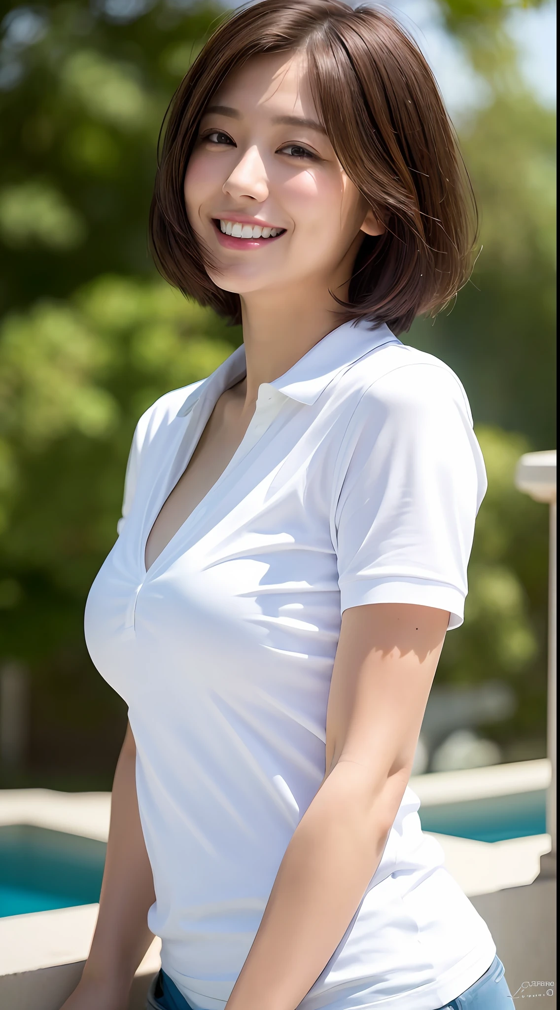 Short hair outdoor fair skin disheveled hair open mouth white tears, Japan woman, super cute, soft and face, brown hair, 8K resolution, ultra realistic, super definition, soft body toned buttocks night, ((highest definition, 8k, masterpiece: 1.3)), super definition face, ultra-fine lips, fine eyes, double eyelids, short short sleeves, wide open chest, well-shaped upward bust, angle from the side, sideways, buttocks sticking out, chest, big, Polo shirt with thin and tight fabric, hot cheeks, 24 years old, cute smile