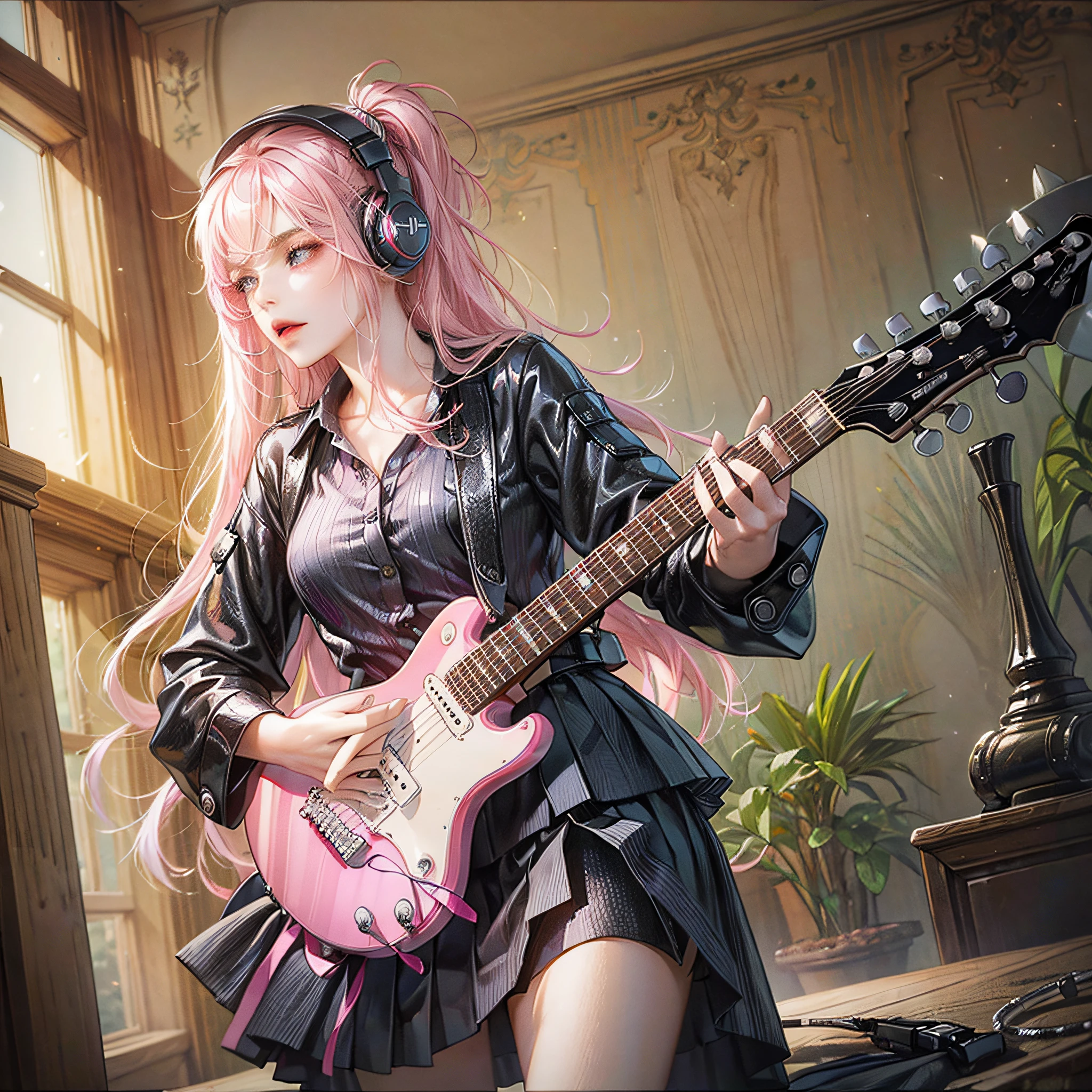 ((masterpiece,best quality))1 sexy woman, solo, black skirt, electric guitar, guitar, headphones, holding, holding plectrum, instrument, long hair, , music, one side up, pink hair, playing guiter, pleated skirt, black shirt, indoors --auto --s2