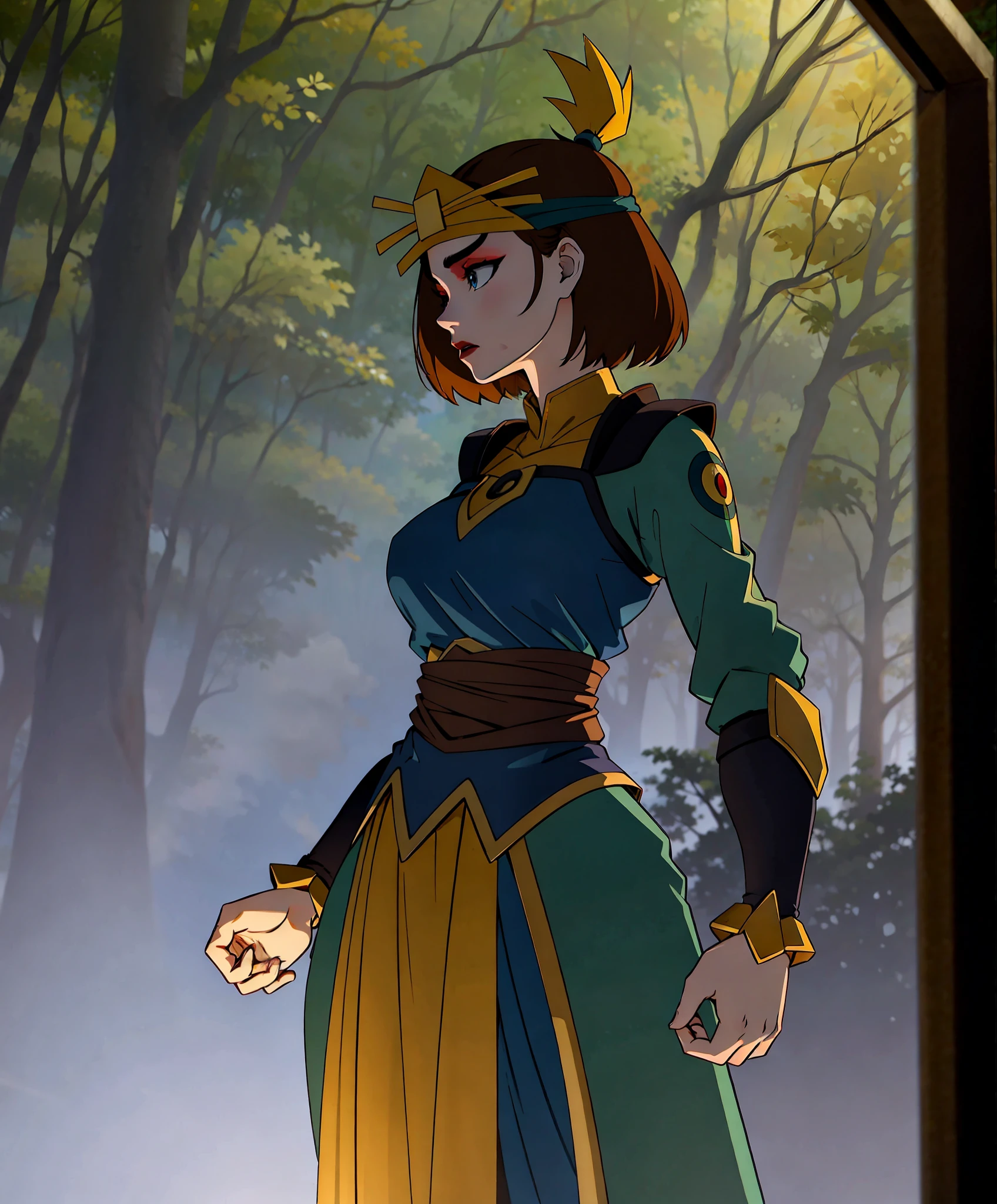 (masterpiece), (best quality: 1.0), (ultra highres: 1.0), detailed illustration, 8k, anime, pretty face, detailed face, beautiful eyes, detailed eyes, one woman, lone warrior, in an enchanted forest, standing in a dynamic pose, suit and armor, angry and serious face, somewhat afflicted, short hair, looking at the viewer, full of life, it's a beautiful night, full of bright colors and magic, green forest and full of magical plants