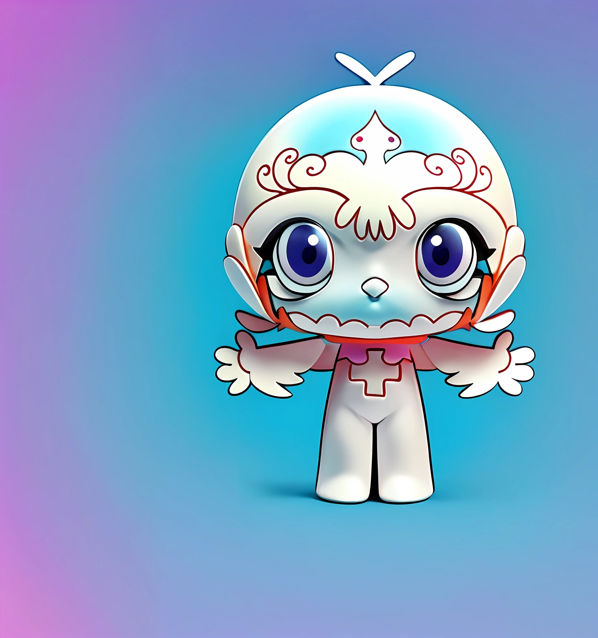 (Digital painting) 3D modeling, C4D, big eyes of the doll girl and cross on the chest, feathers on the sides of the cheeks, purring, inspired by Awataguchi highlight, inspired by Takashi Murakami, as a full-body funko pop!